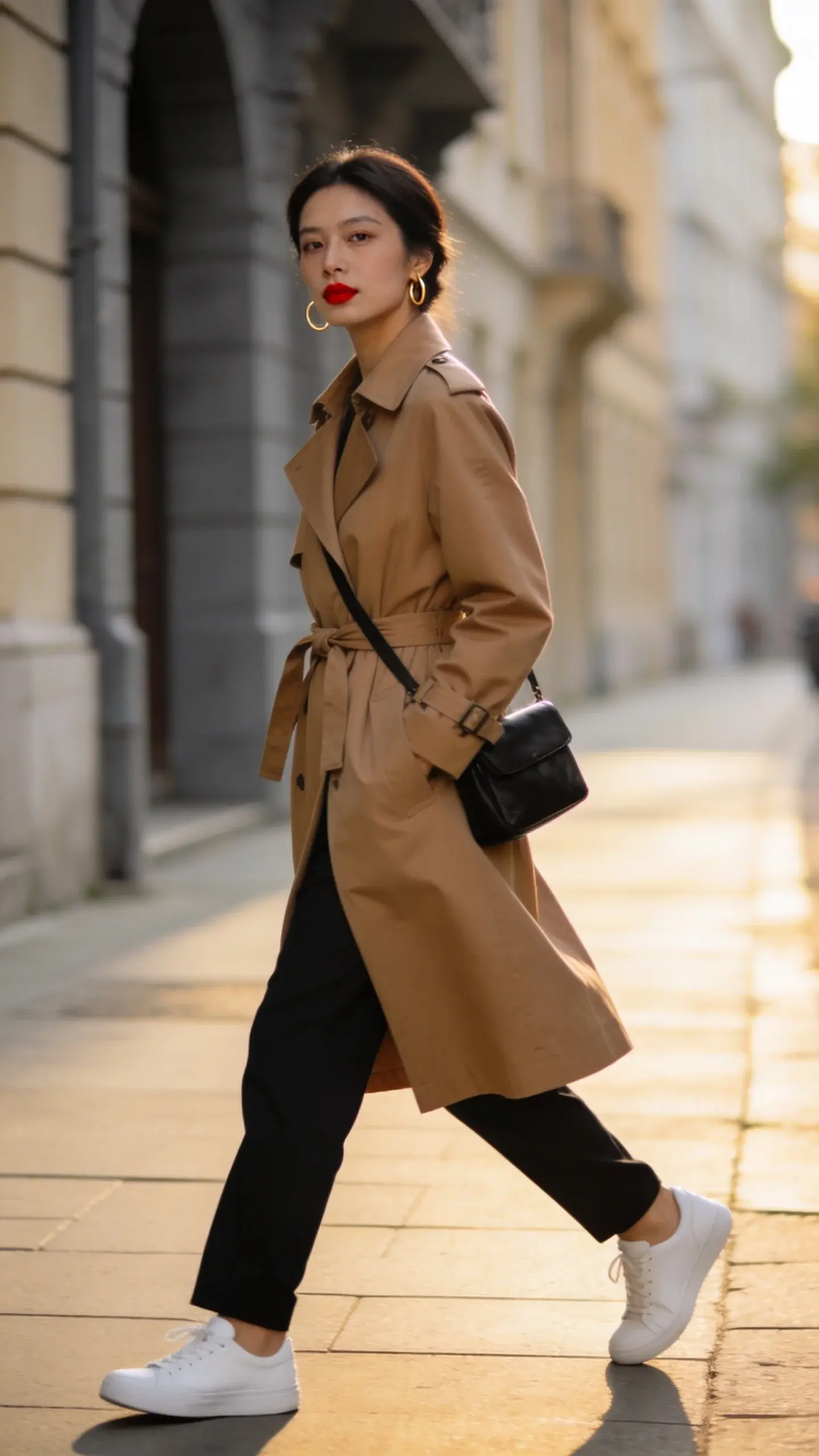 Street style snapshot on a quiet city sidewalk with soft morning light: elegant woman mid-stride wearing camel trench cinched at the waist, black trousers, white sneakers, black crossbody bag, subtle gold hoops, natural makeup with a bold red lip. Architecture in soft greys and beiges, blurred background.