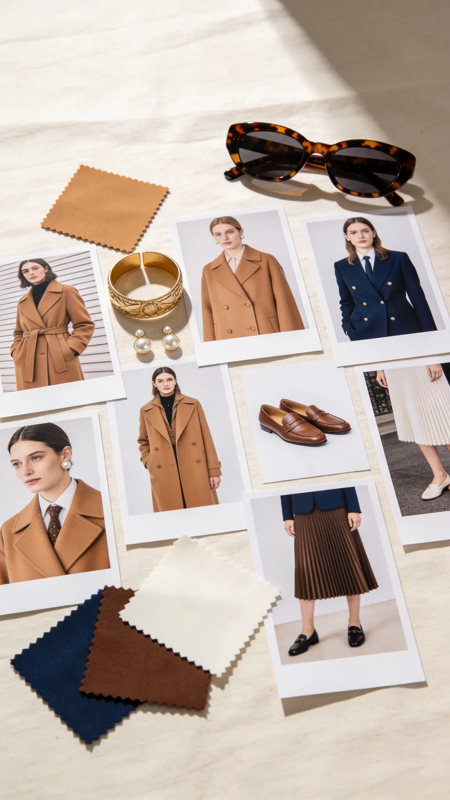 A flat-lay mood board on a cream linen surface: 15 clipped magazine images showing consistent old-money classics—camel coats, pearl studs, navy blazers, loafers, pleated skirts—alongside fabric swatches in camel, navy, ivory, and chocolate; a gold cuff bracelet and tortoiseshell sunglasses placed artfully; soft shadows, no text.
