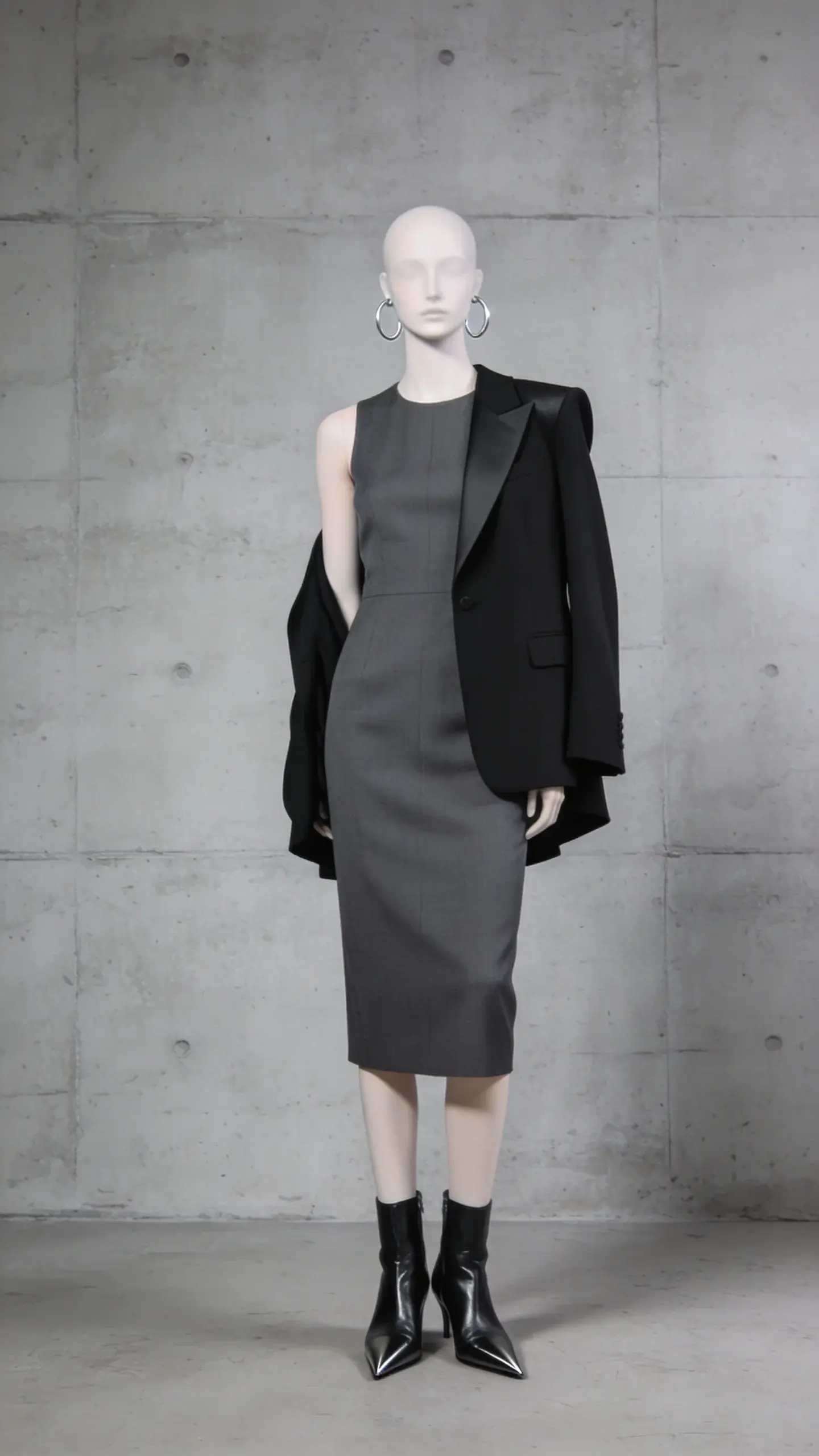 A sleek modern “North Star” outfit on a mannequin: tailored charcoal sleeveless dress, sharp-shouldered black blazer draped over shoulders, pointed leather ankle boots, minimalist silver hoop earrings; concrete wall backdrop, diffused studio light, no text.