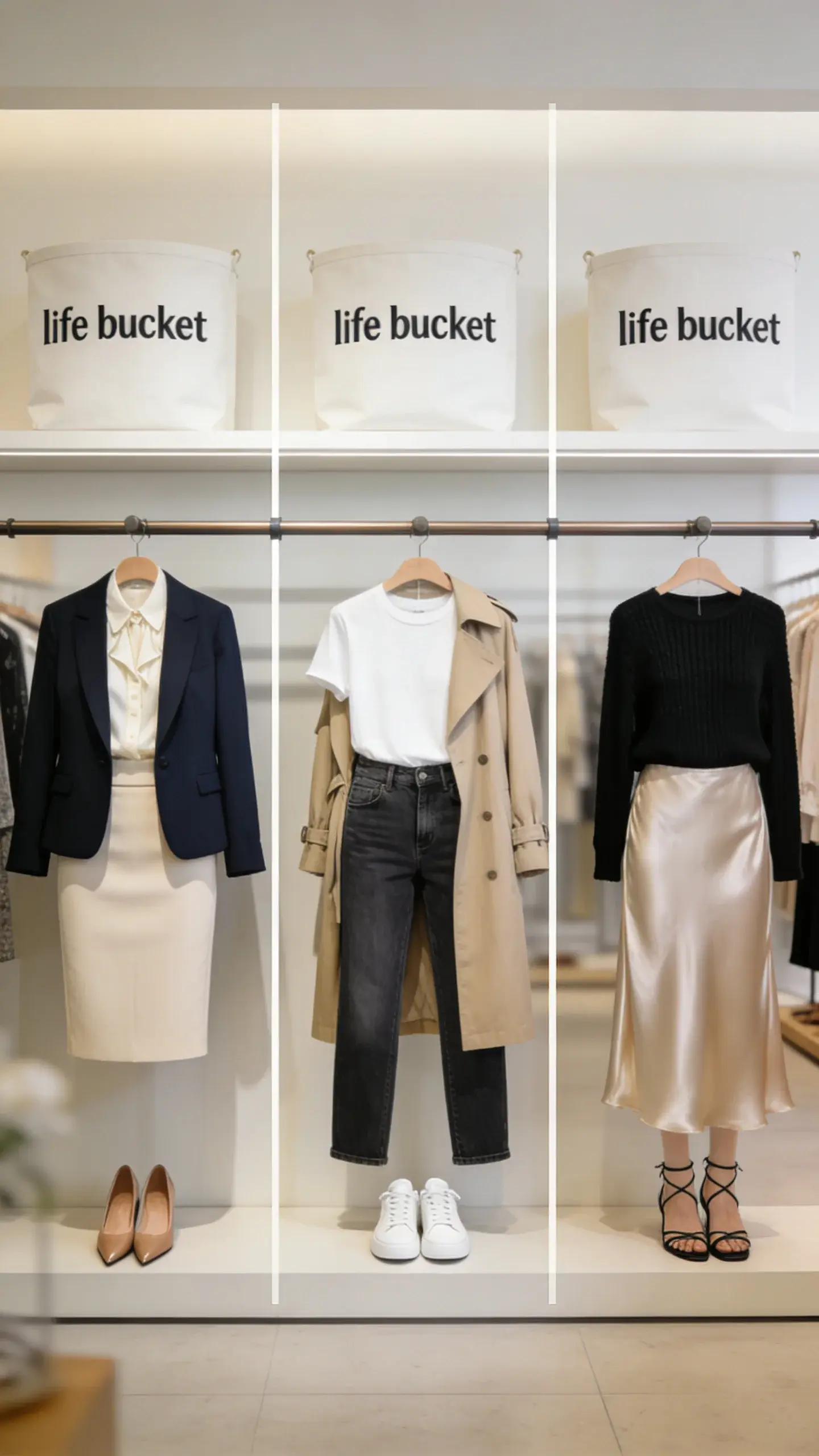 Three “life bucket” mini-capsules on a single rail divided visually: left—work (navy blazer, ivory blouse, pencil skirt, pumps), center—errands (clean white tee, high-waist straight jeans, beige trench, white sneakers), right—dinners (silk slip skirt, black knit, strappy heels); cohesive neutral color story; airy boutique vibe.