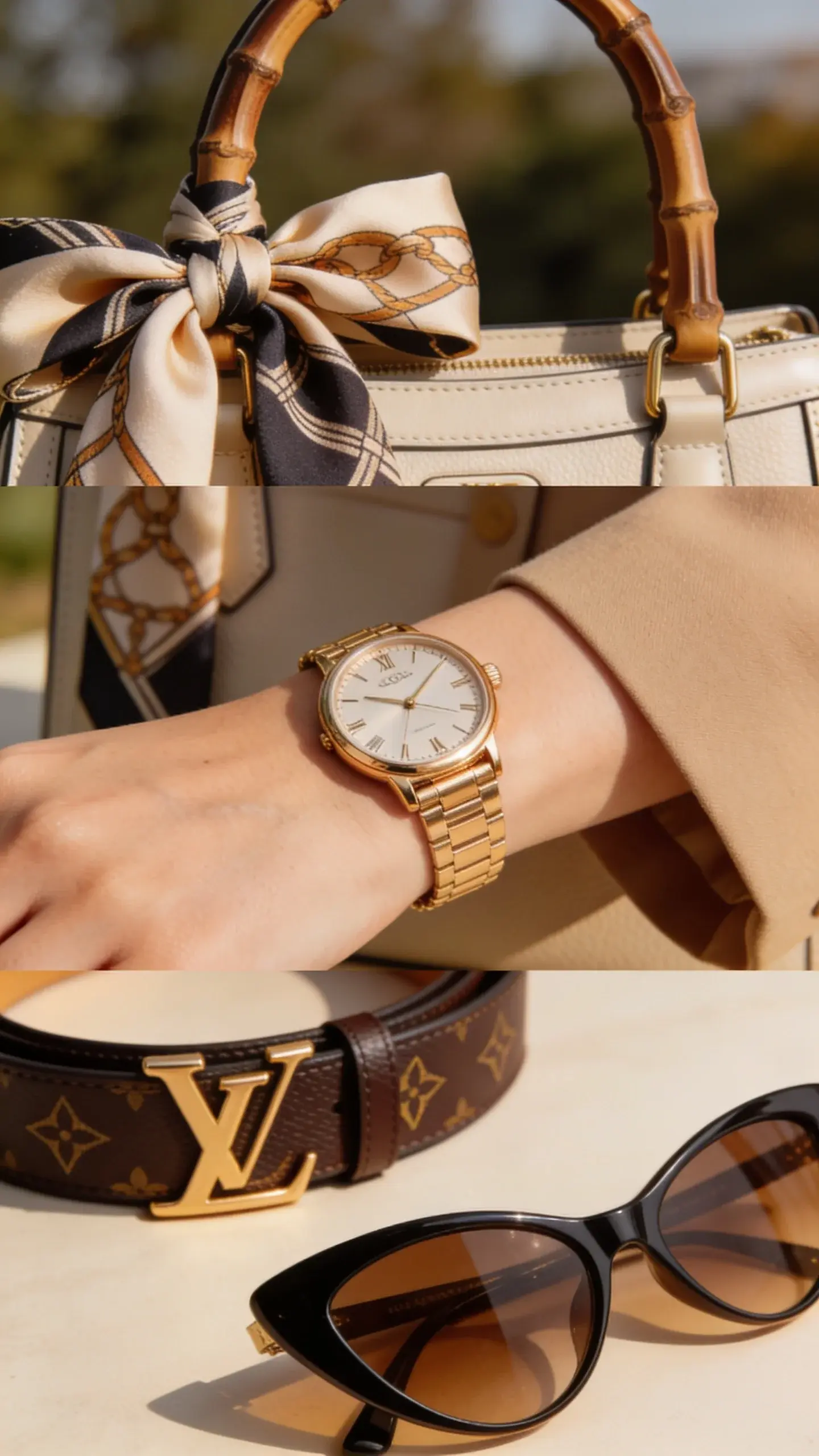 Close-up detail collage of signature elements: a silk scarf tied to a handbag handle, refined gold watch on a wrist, monogrammed leather belt, and subtle cat-eye sunglasses; soft focus background, warm natural light, elegant composition.