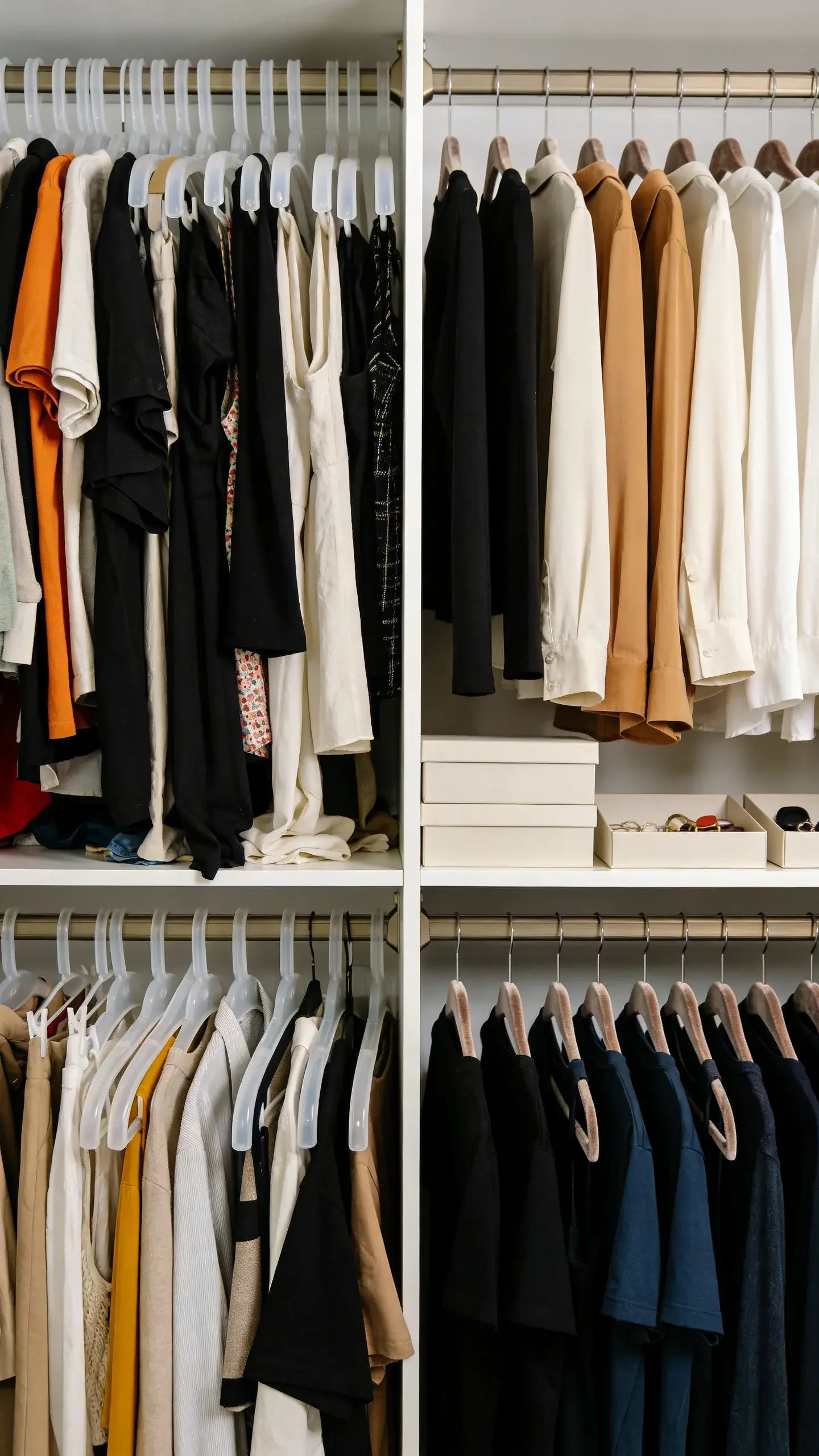 Before-and-after closet transformation: left side cluttered with mismatched colors and overcrowded hangers; right side streamlined with coordinated neutrals (black, ivory, camel, navy), matching slim velvet hangers, labeled boxes for accessories; same angle, clean lighting, no text.