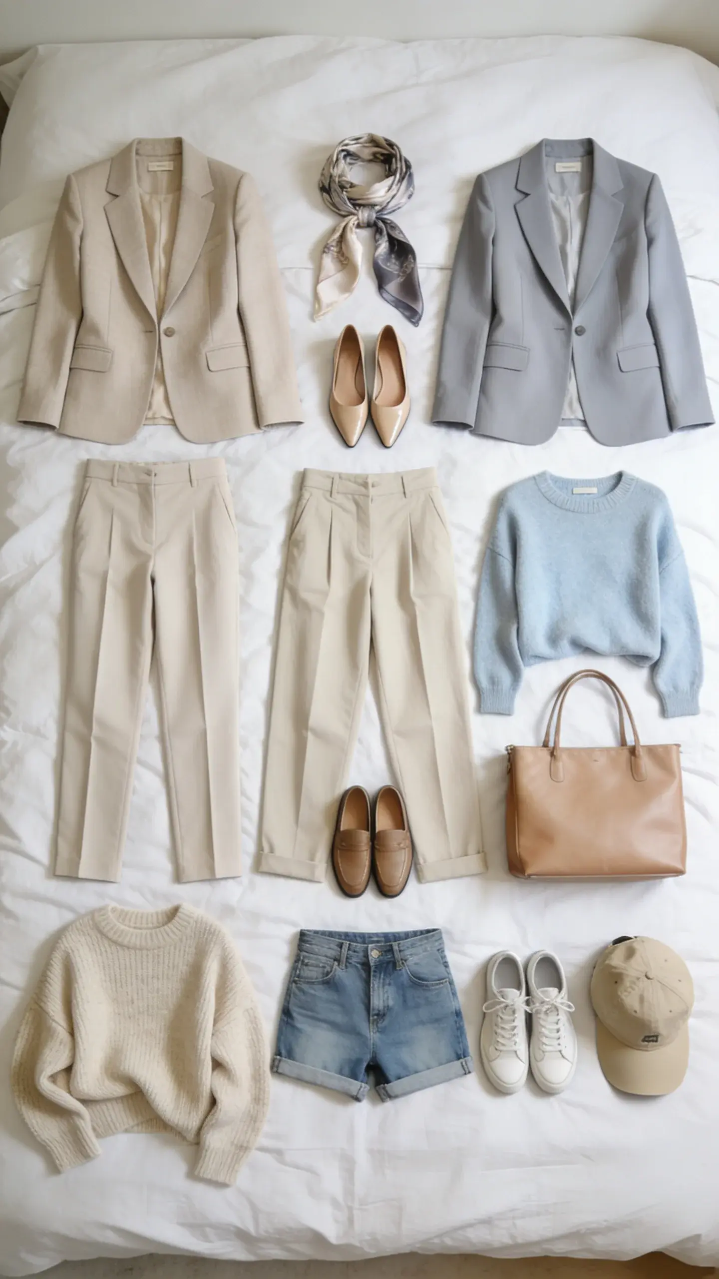 A week of outfits laid out on a bed for “zero morning meltdowns”: Monday to Sunday ensembles arranged in a gradient from work to weekend—each with top, bottom, shoe, and one accessory—consistent palette and silhouettes; white duvet, daylight, no text markers.