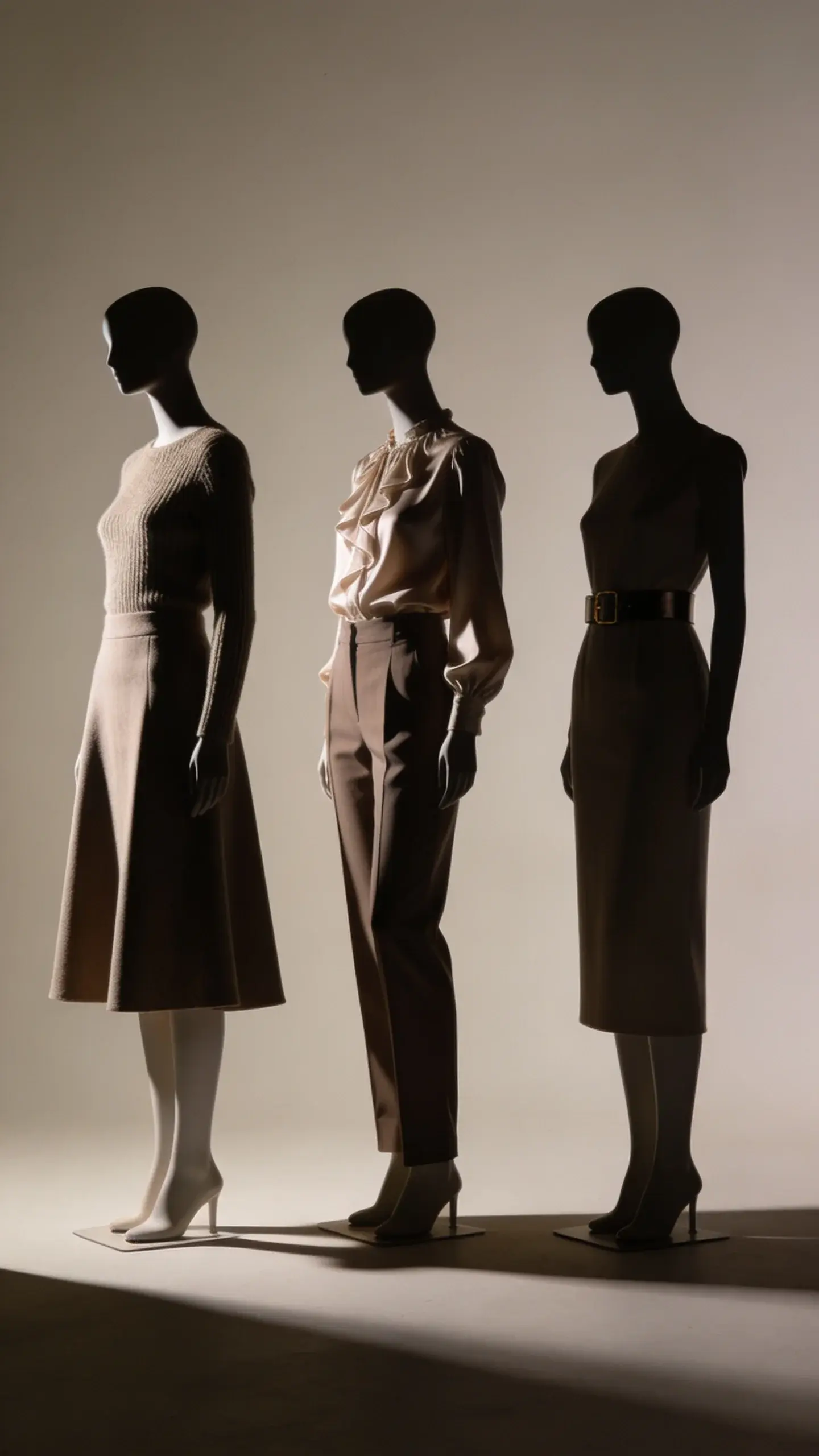 Silhouette study on a dress form lineup: three mannequins in clean, tailored, feminine shapes—A-line midi skirt with fitted knit, straight-leg trousers with tucked silk blouse, column dress with waist-defining belt; muted backdrop, soft side light.