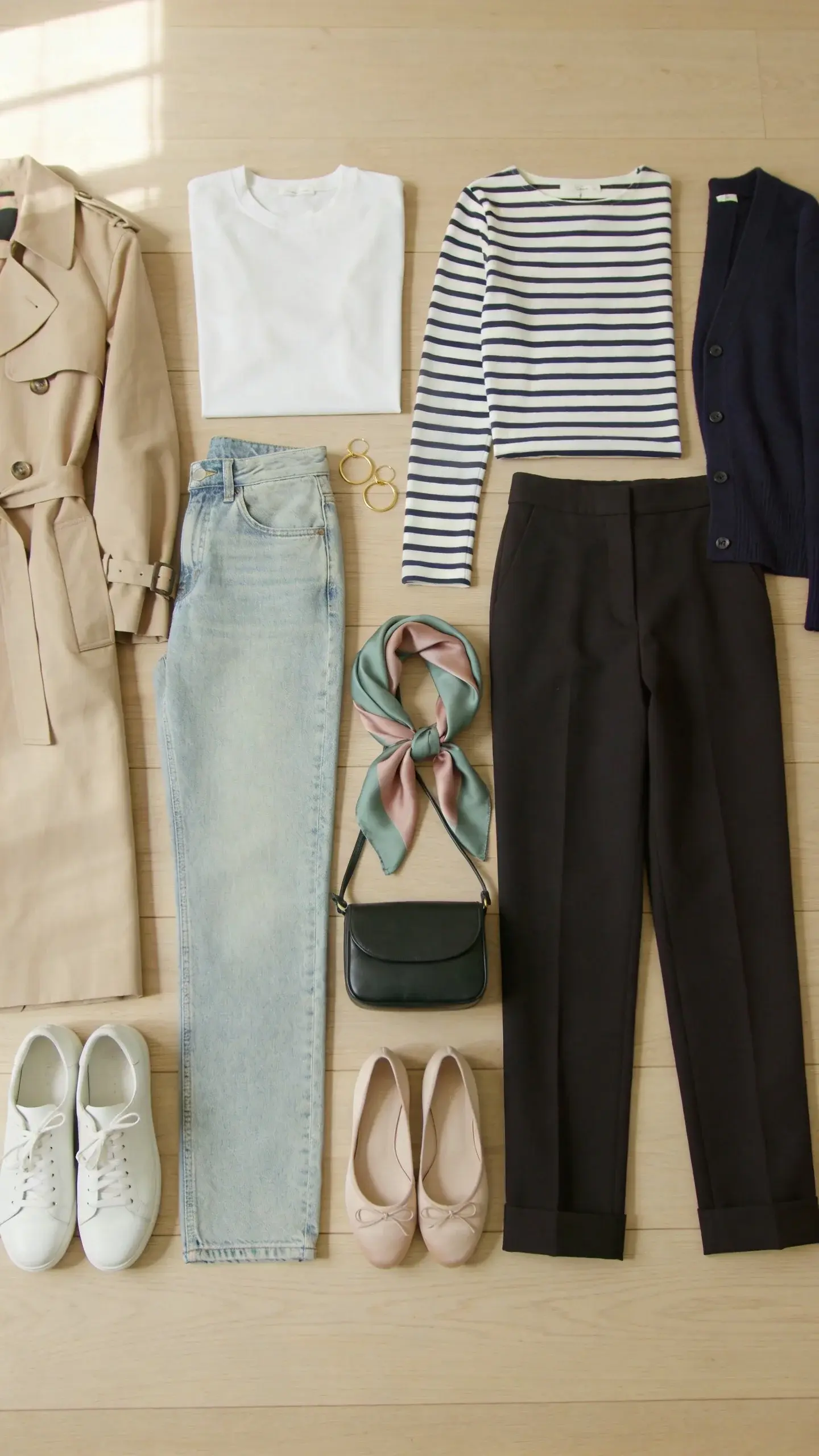 Minimalist flat lay of a spring capsule wardrobe on a light wood floor: beige trench coat, white cotton crewneck tee, striped Breton long-sleeve, light-wash straight-leg jeans, black tailored ankle trousers, lightweight navy cardigan, white leather clean sneakers, nude ballet flats, small black crossbody bag, silk scarf in soft sage and blush, gold hoop earrings; soft natural window light, no text.