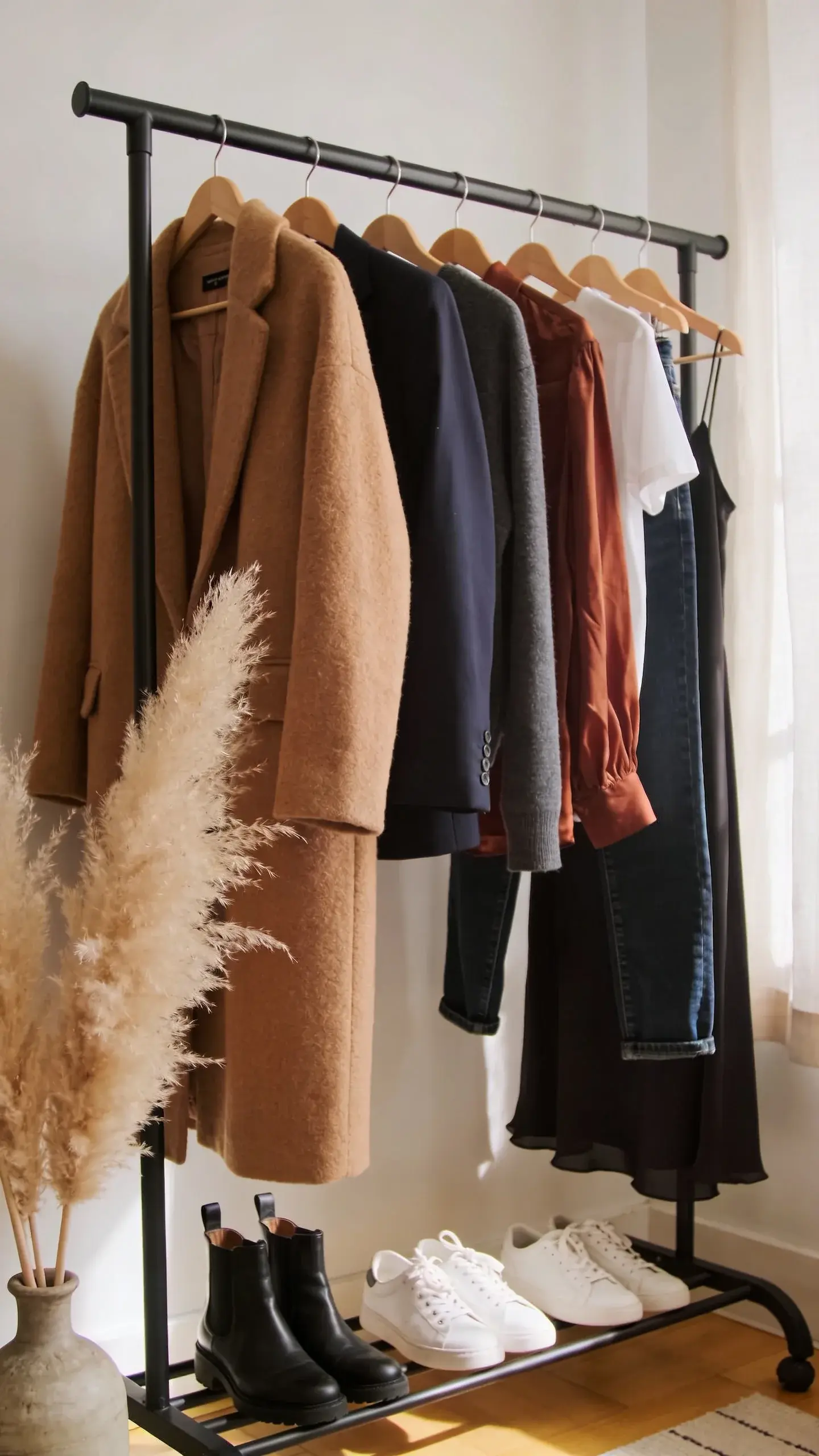 Autumn capsule rack scene in a cozy apartment: black metal clothing rack holding camel wool coat, navy blazer, charcoal crewneck sweater, rust silk blouse, white tee, dark indigo straight-leg jeans, black midi slip skirt; below, black ankle boots and white sneakers neatly placed; warm afternoon light, pampas grass in a vase, muted earthy tones.