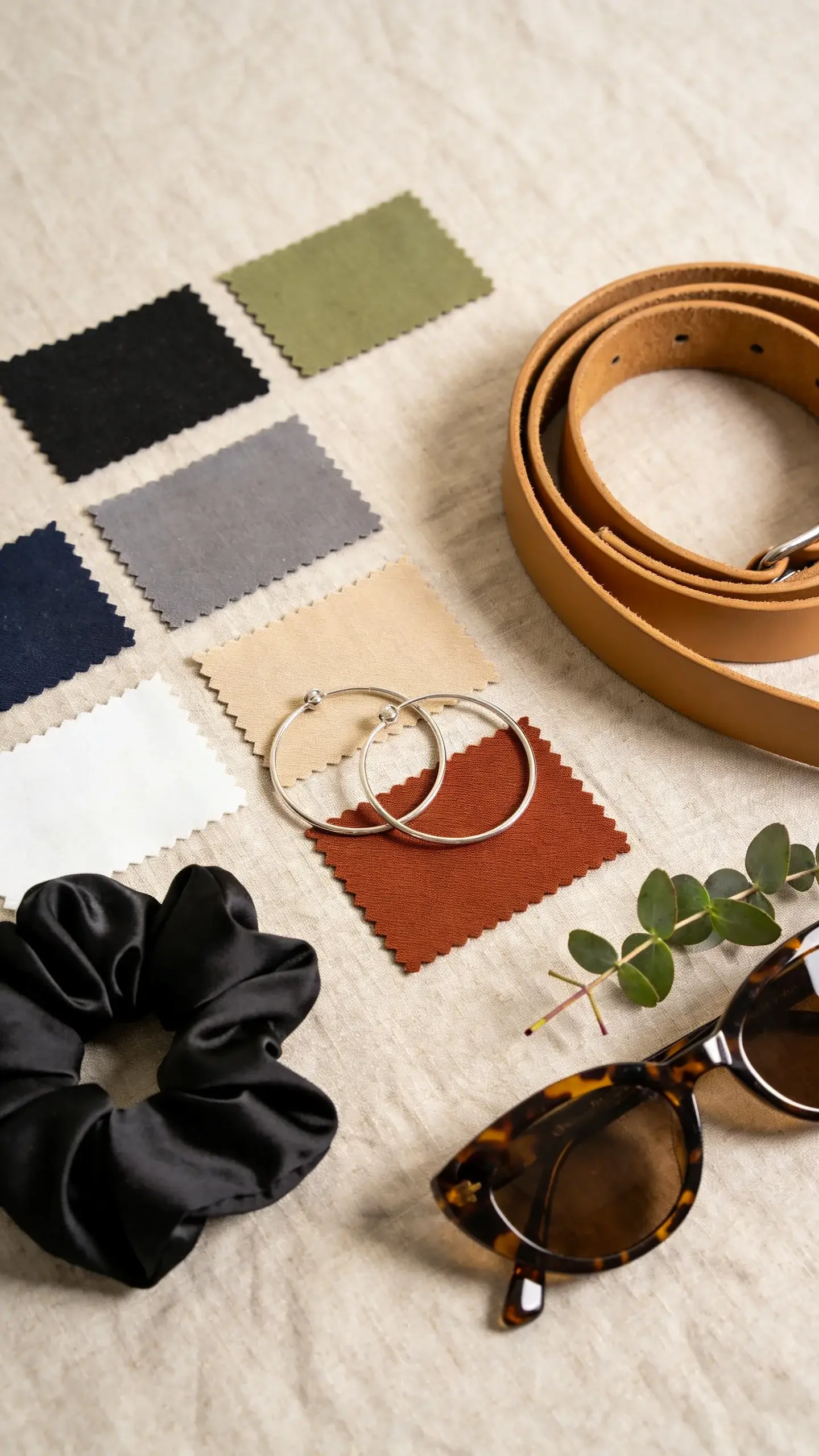 Capsule color palette flat lay on textured linen backdrop: fabric swatches in black, navy, gray, beige, white arranged with two accent swatches (sage green and rust), paired with accessories—tan leather belt, silver hoop earrings, black silk scrunchie, tortoiseshell sunglasses; small sprig of eucalyptus for freshness.