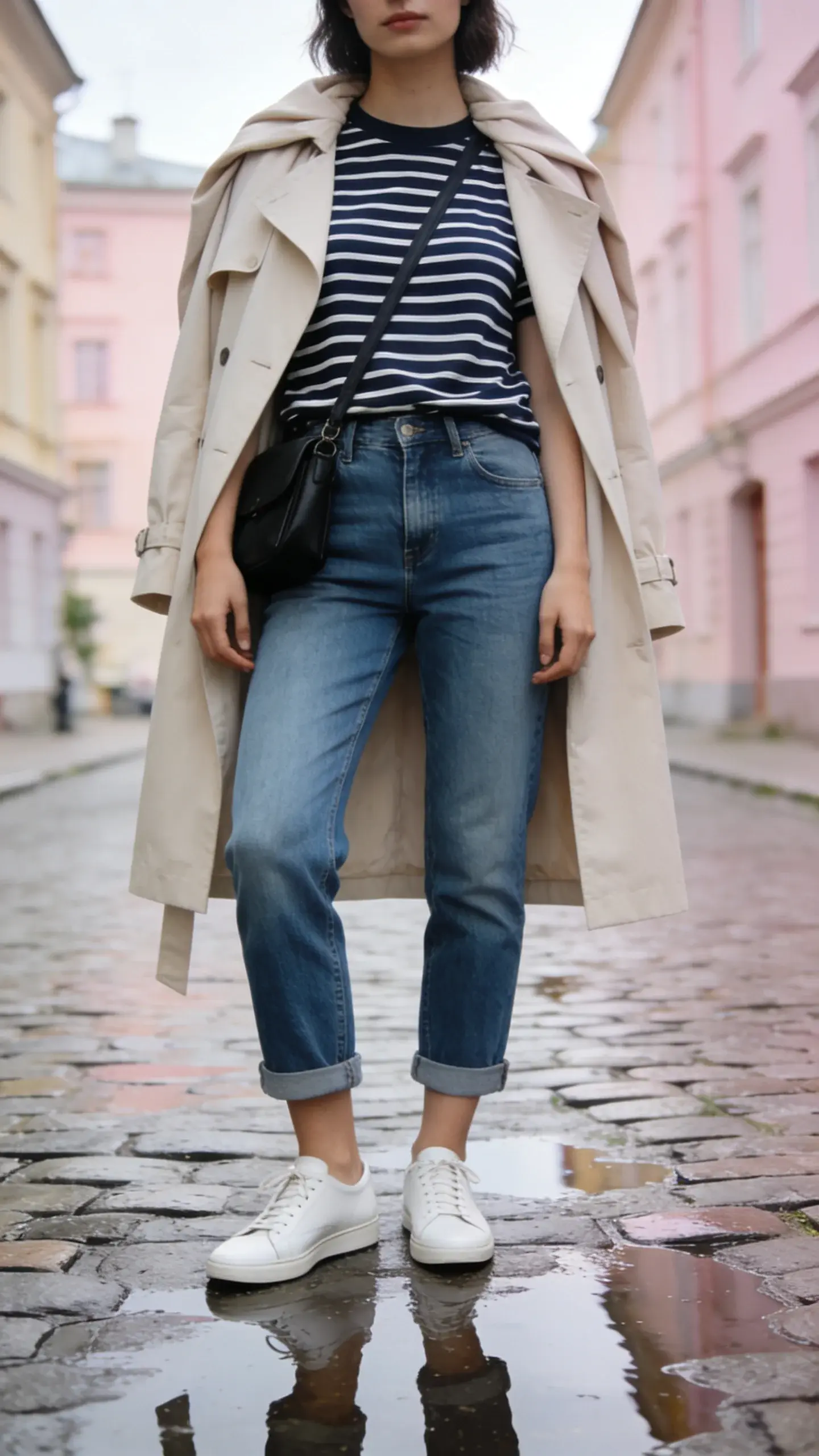 Transitional spring outfit on a cobblestone street after rain: light beige trench draped over shoulders, navy striped Breton tee, cropped straight blue jeans, white leather sneakers, black crossbody bag; reflections on wet stones, soft pastel buildings in background; crisp, airy styling.