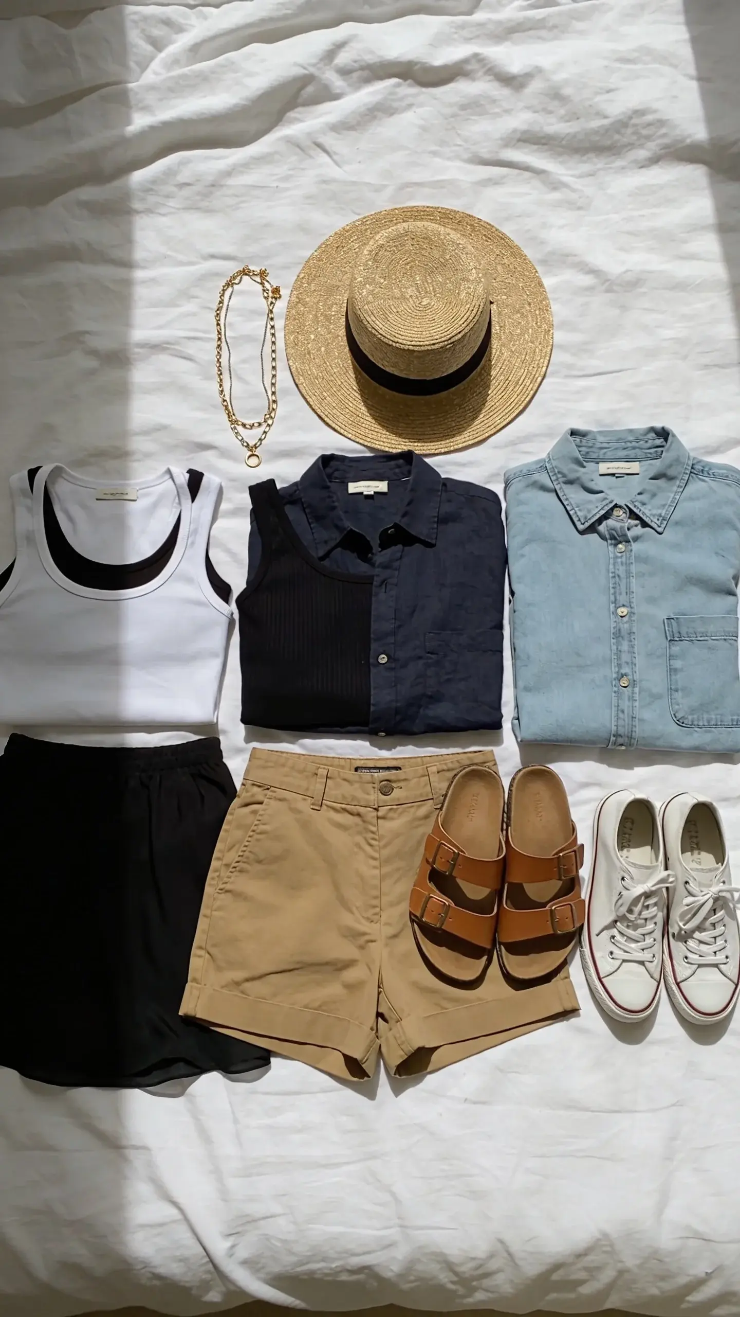 Summer weekend capsule on a bed with white duvet: neatly folded pieces—white tank, black ribbed tank, navy linen shirt, khaki chino shorts, black slip skirt, lightweight denim shirt; footwear: tan leather slide sandals and white canvas sneakers; accessories: straw fedora, gold layered necklaces; bright morning light.