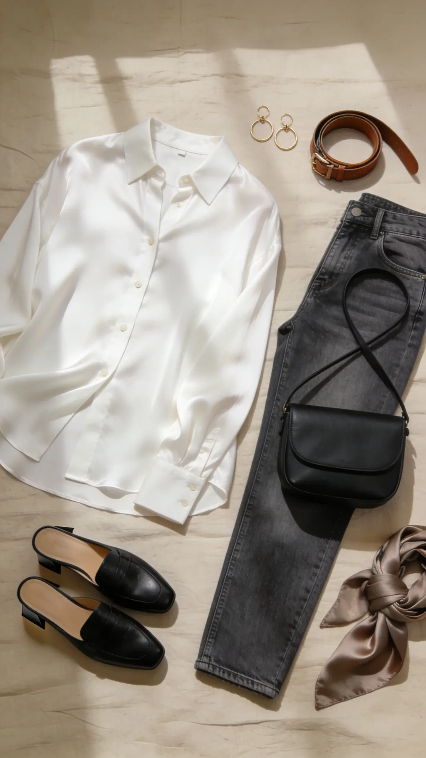 Minimalist wardrobe flat lay on a beige linen background: fluid white cotton-silk button-down with soft drape, slim-straight mid-wash jeans (no rips), refined black leather loafers with a slight micro heel, delicate gold hoop earrings, slim brown leather belt, black structured crossbody bag, and a silk scarf in muted taupe; soft natural daylight, no text.