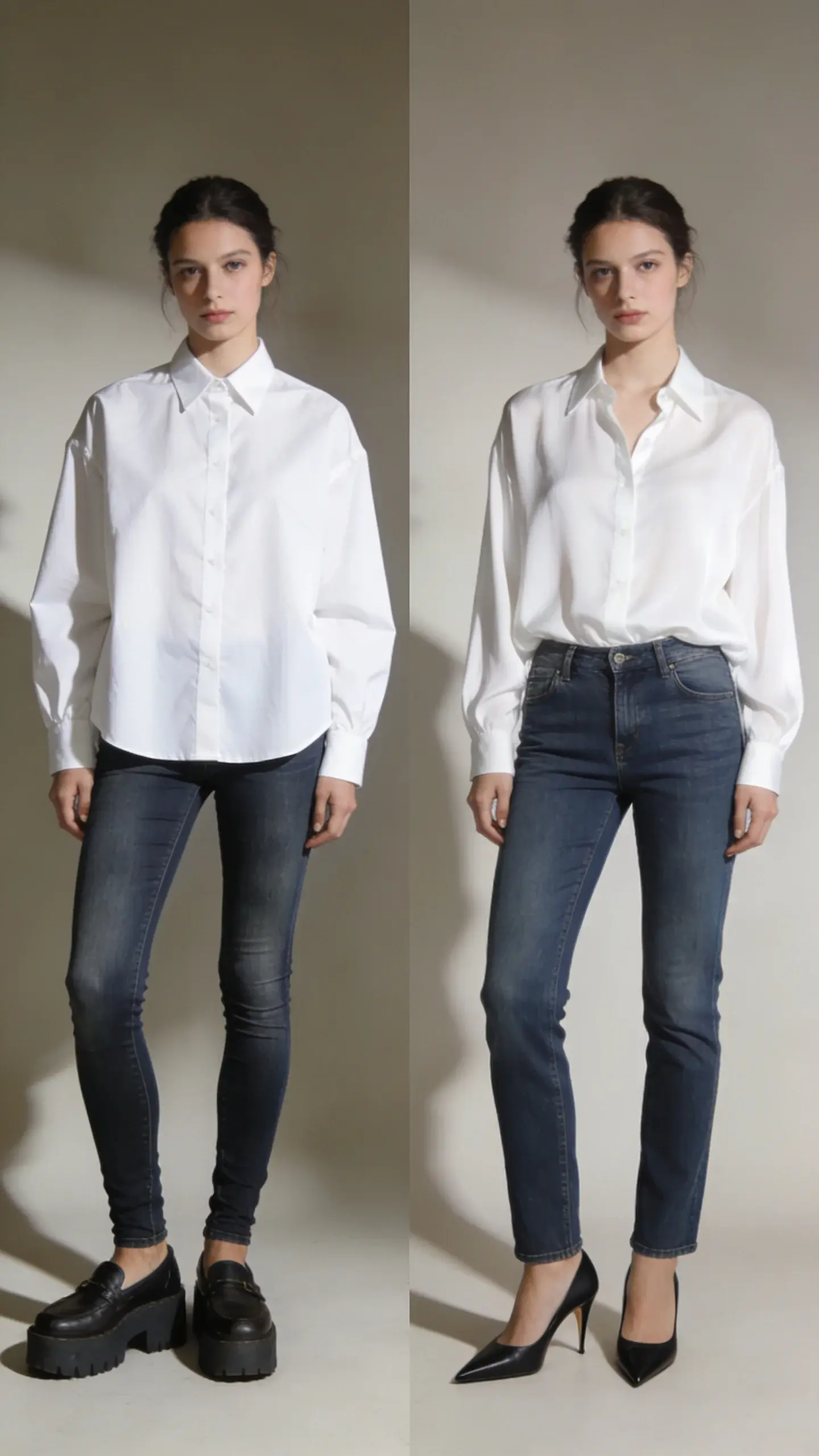 Split-scene editorial: left side shows stiff, boxy white poplin shirt and extreme skinny jeans with dated thick-soled loafers; right side shows updated fluid white shirt, slim-straight denim, and sleek micro-heeled loafers; neutral studio backdrop, subtle shadows, modern color grading, no text.