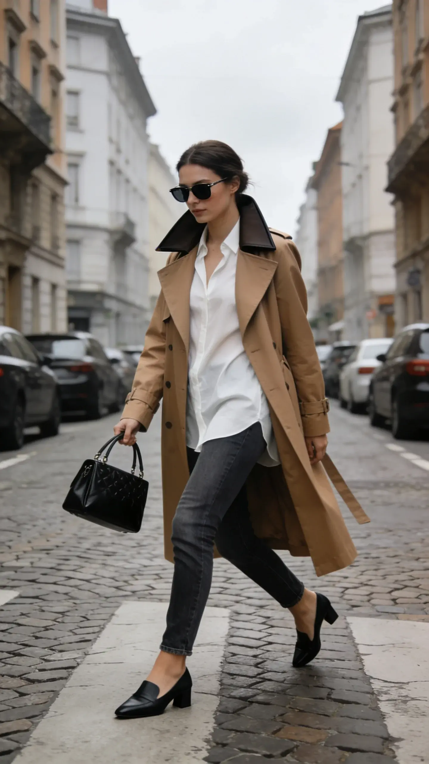 Street style scene: elegant woman crossing a cobblestone street in a camel trench with sharp collar, fluid white shirt, slim-straight jeans, black micro-heeled loafers, black structured top-handle bag, slim sunglasses; muted city tones, overcast light, no text.