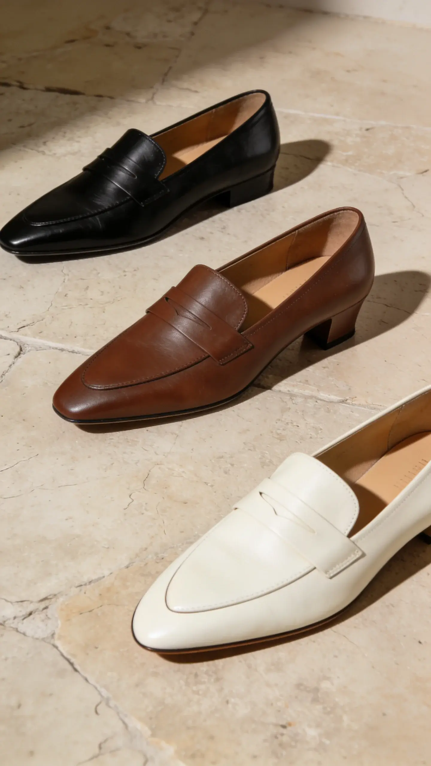 Shoe lineup on a matte stone surface: three pairs arranged neatly—refined black leather loafers with slim profile, chocolate brown micro-heeled loafers, and cream leather loafers with almond toe; soft directional light emphasizing sleek silhouettes, no text.