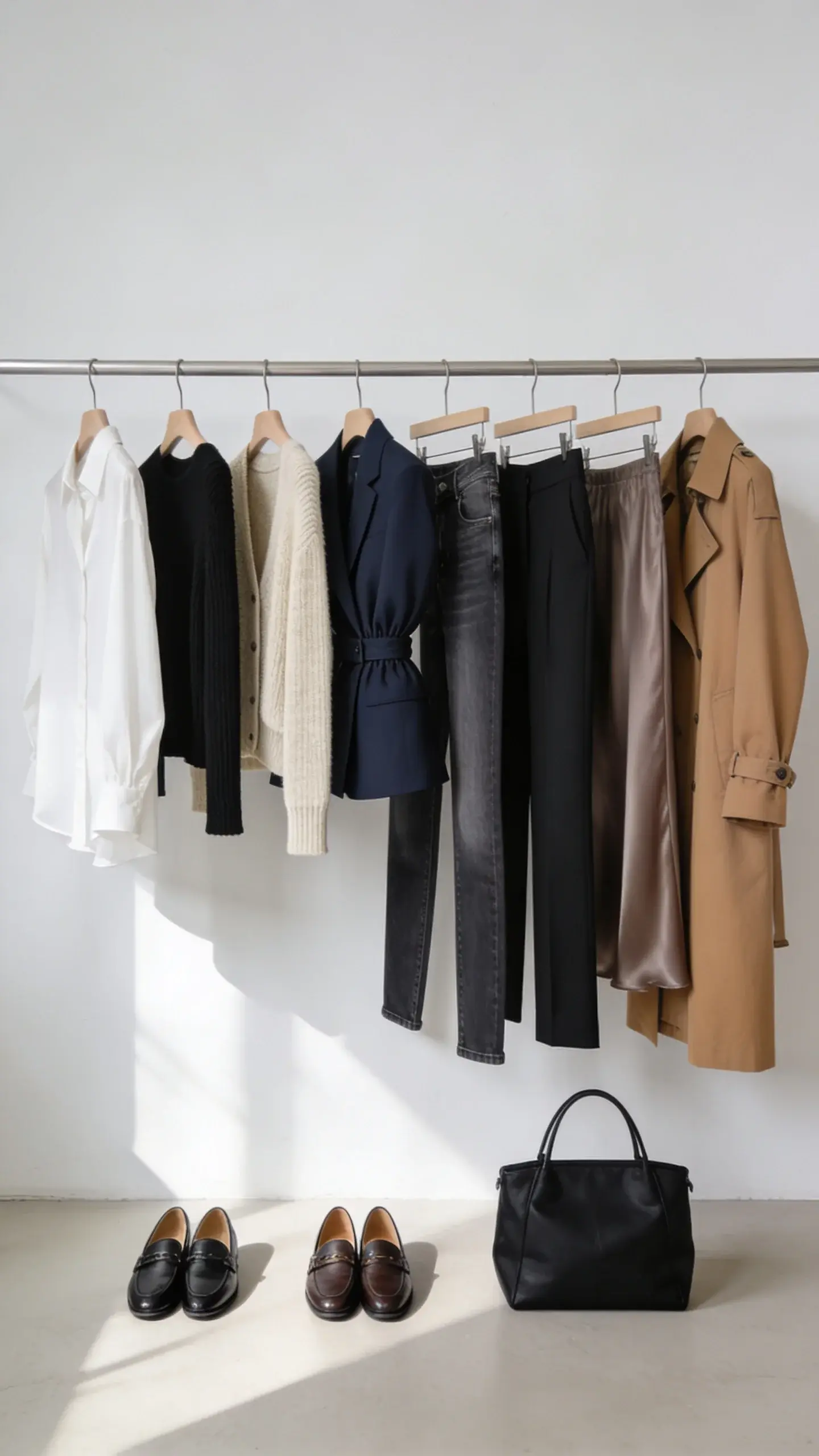 Capsule refresh rack: short clothing rail with 8 pieces spaced out—fluid white shirt, black fine-gauge knit, oatmeal cashmere cardigan, navy blazer with nipped waist, slim-straight mid-wash jeans, tailored black trousers, silk slip skirt in taupe, camel trench; below, two pairs of refined loafers and a black structured bag; white wall backdrop, soft daylight, no text.