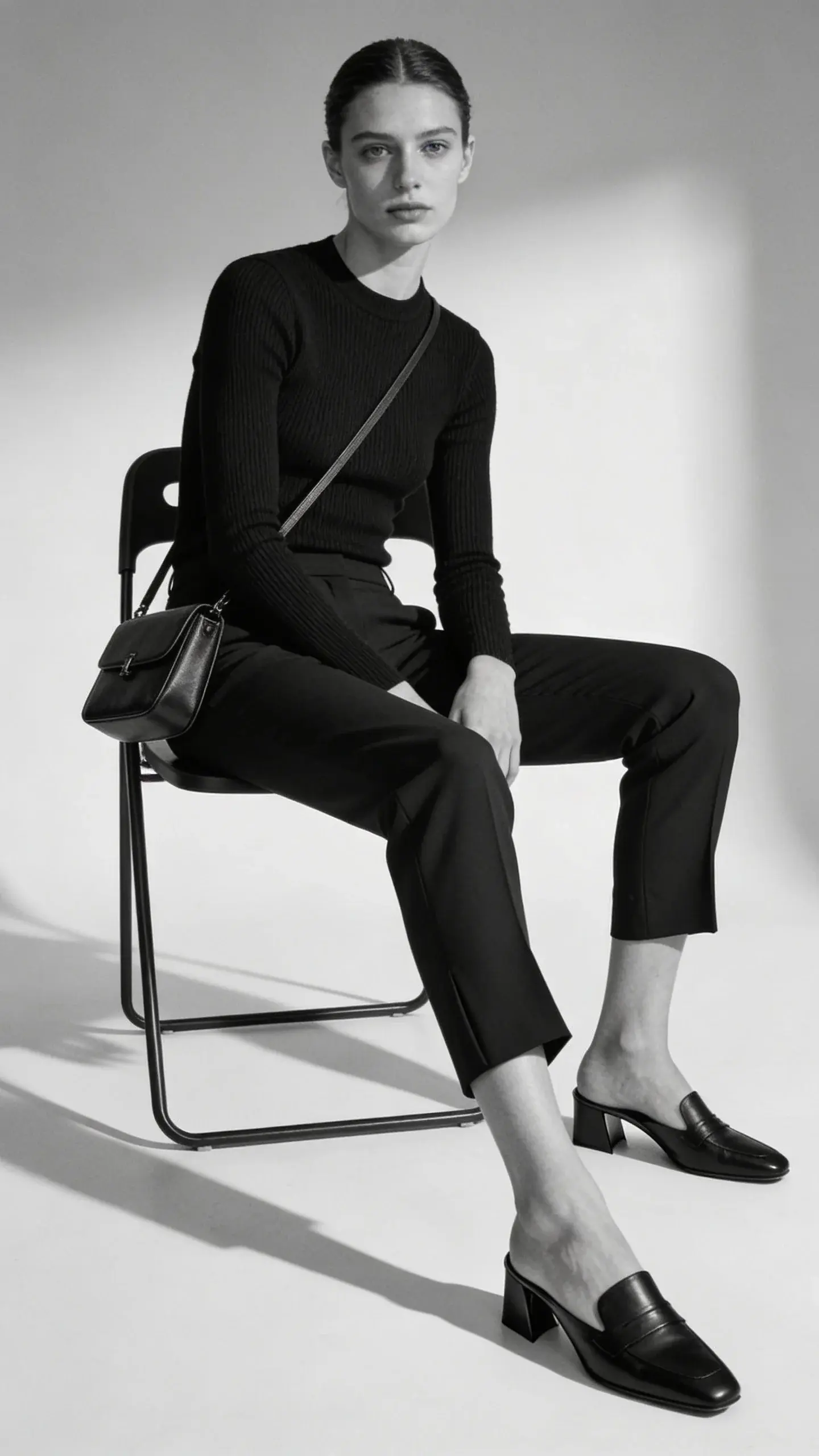 Modern monochrome outfit on a seated model: black fine-gauge knit top, tailored black trousers with slight taper, black micro-heeled loafers, small structured crossbody; minimalist chair, light gray background, crisp shadows, no text.