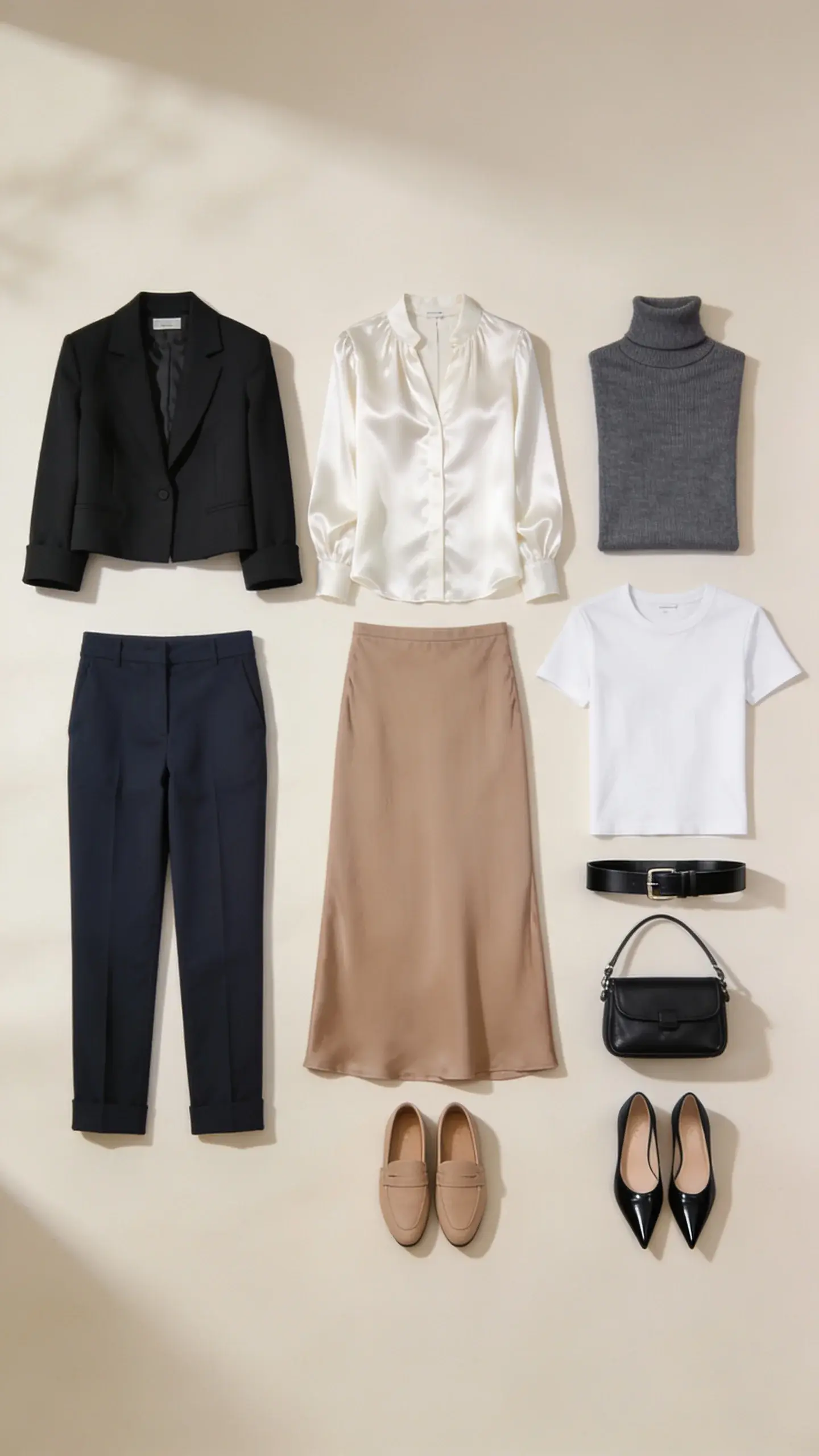 Flat lay of a cohesive petite capsule: cropped black blazer, ivory silk blouse, charcoal turtleneck, navy ankle pants, taupe slip skirt (midi hitting mid-calf), ivory tee, black slim belt, taupe loafers, black pointed kitten heels, small black crossbody; all pieces in petite proportions; arranged on cream backdrop with soft shadows.