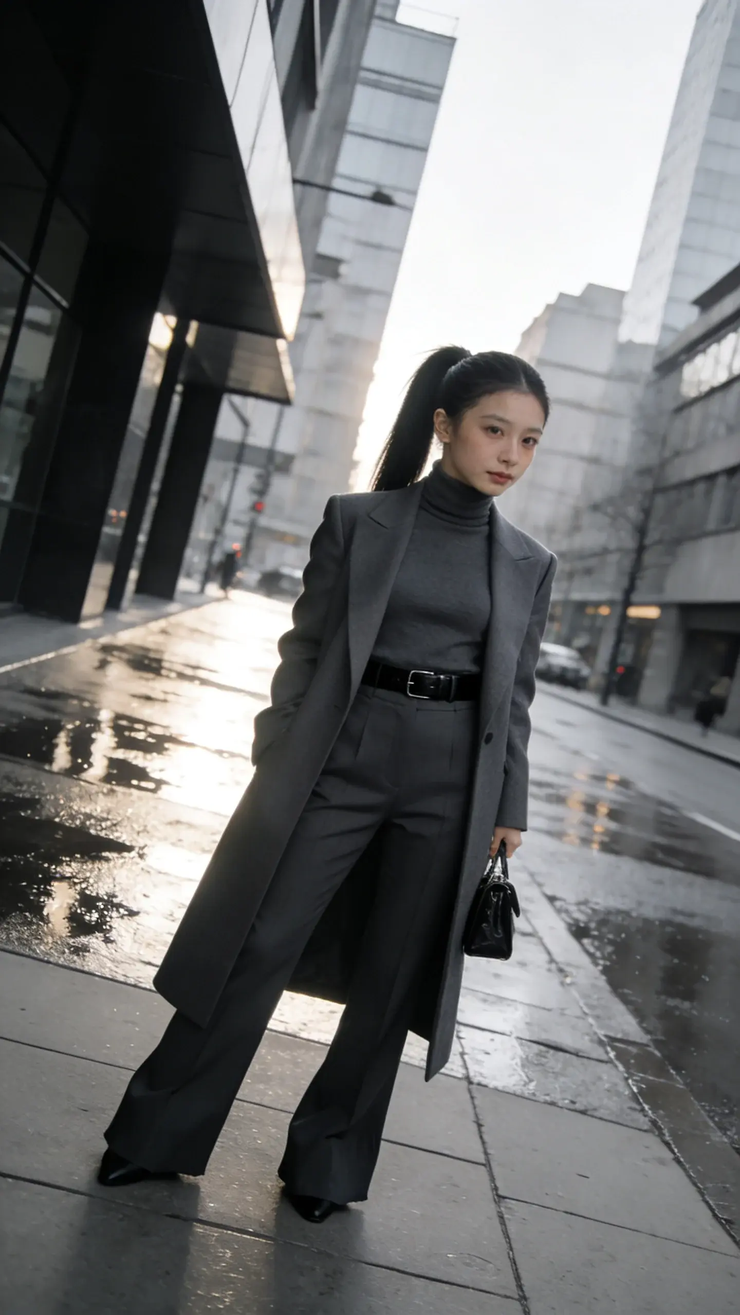 Street style scene of a petite woman in a monochrome column outfit: charcoal fitted turtleneck tucked into matching high-waisted straight-leg trousers (ankle graze), longline tailored coat in the same charcoal tone left open; slim black belt, sleek ponytail, small structured handbag; city sidewalk, early morning light.