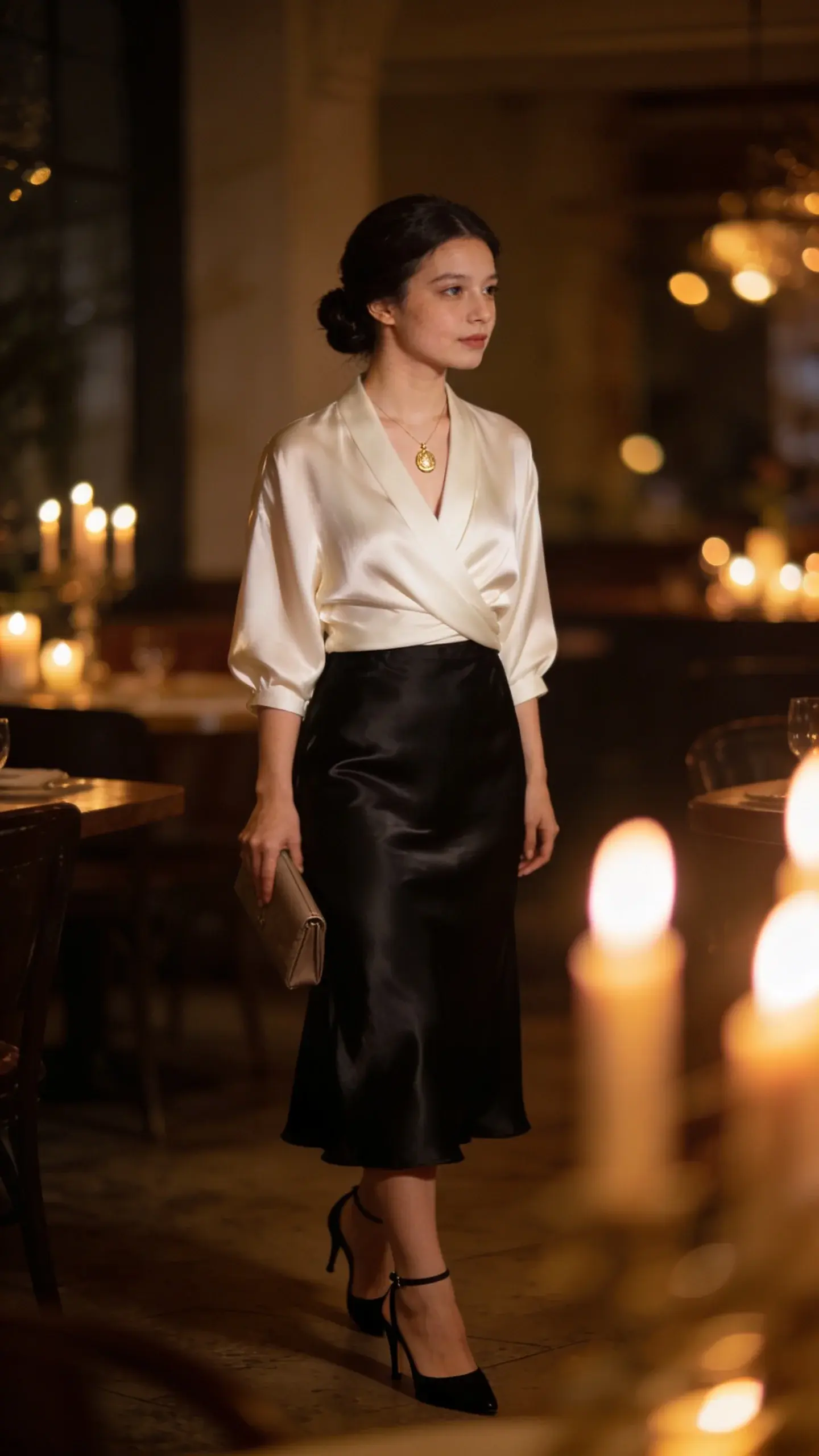 Petite evening elegance: woman in a black satin slip skirt (midi just below knee) with an ivory silk wrap blouse, delicate gold pendant, black slingback kitten heels; hair in low chignon; holding a taupe clutch; dim, warm restaurant interior with candlelight bokeh.