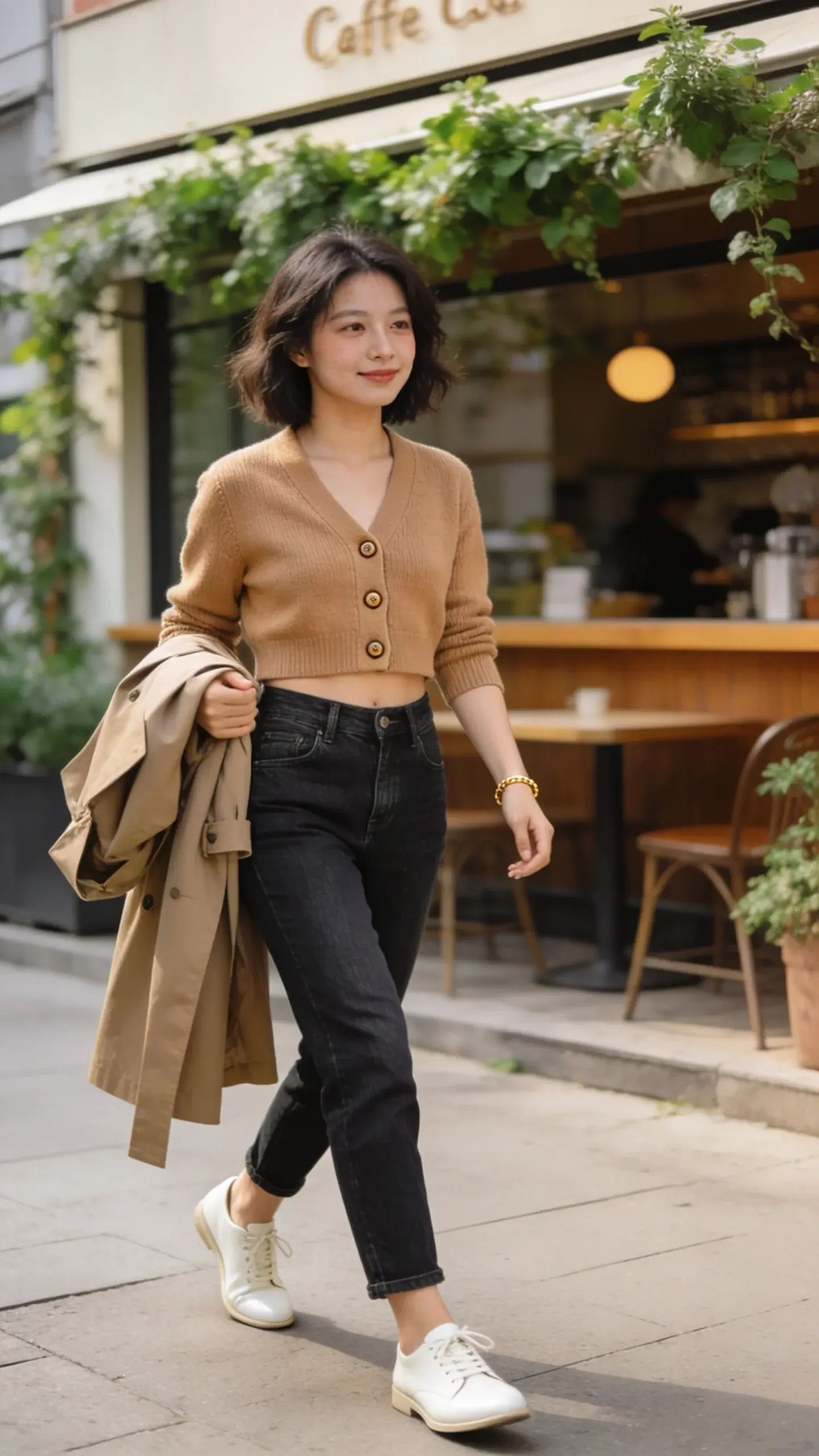 Weekend-polished outfit on a petite frame: cropped camel cardigan buttoned as a top, high-waisted dark wash straight ankle jeans, ivory leather sneakers, thin gold bracelet; taupe trench draped over arm; walking past a cafe facade with greenery.