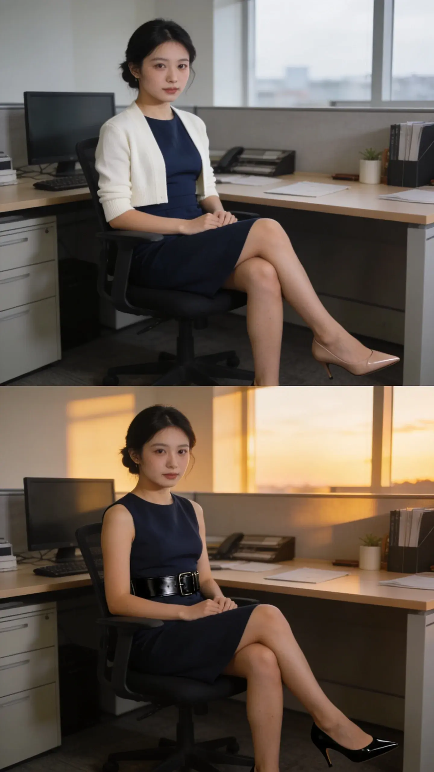 Work-to-dinner versatility: petite woman at a desk in a navy sheath dress layered under an ivory cropped cardigan, nude pointed flats; second pose in same setting with cardigan off, adding a black leather belt and black kitten heels; subtle shift in lighting from day to dusk.