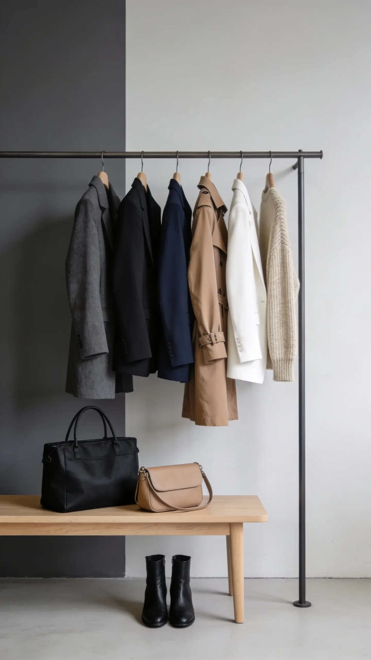 Minimalist standing wardrobe rail against a soft gray wall: color-graded from dark to light—charcoal coat, black blazer, deep navy blazer, taupe trench, ivory blazer, oatmeal cardigan; below on a pale oak bench: black structured tote, taupe crossbody, black ankle boots; clean studio lighting, airy composition.