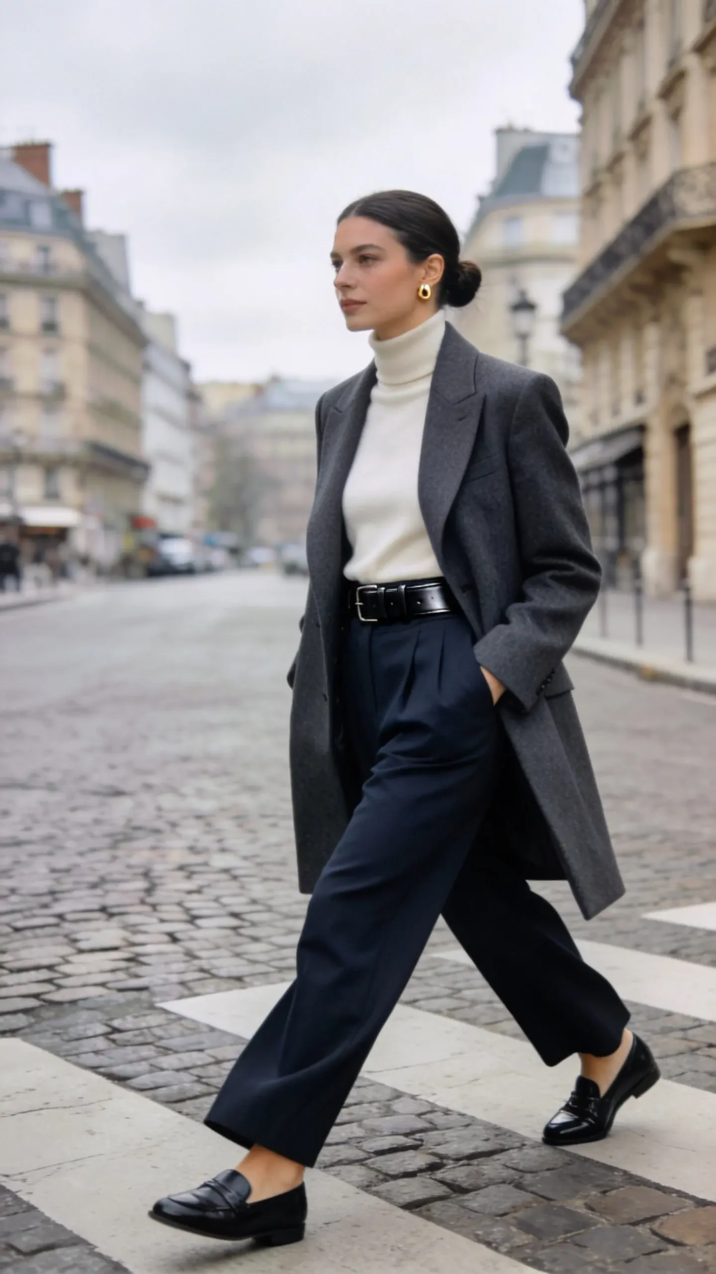 Street-style portrait of an elegant woman crossing a cobblestone street in a cool-tone palette: charcoal tailored coat over ivory turtleneck, deep navy wide-leg trousers, black leather belt and loafers, sleek low bun, subtle gold studs; overcast soft light, Parisian backdrop blurred.