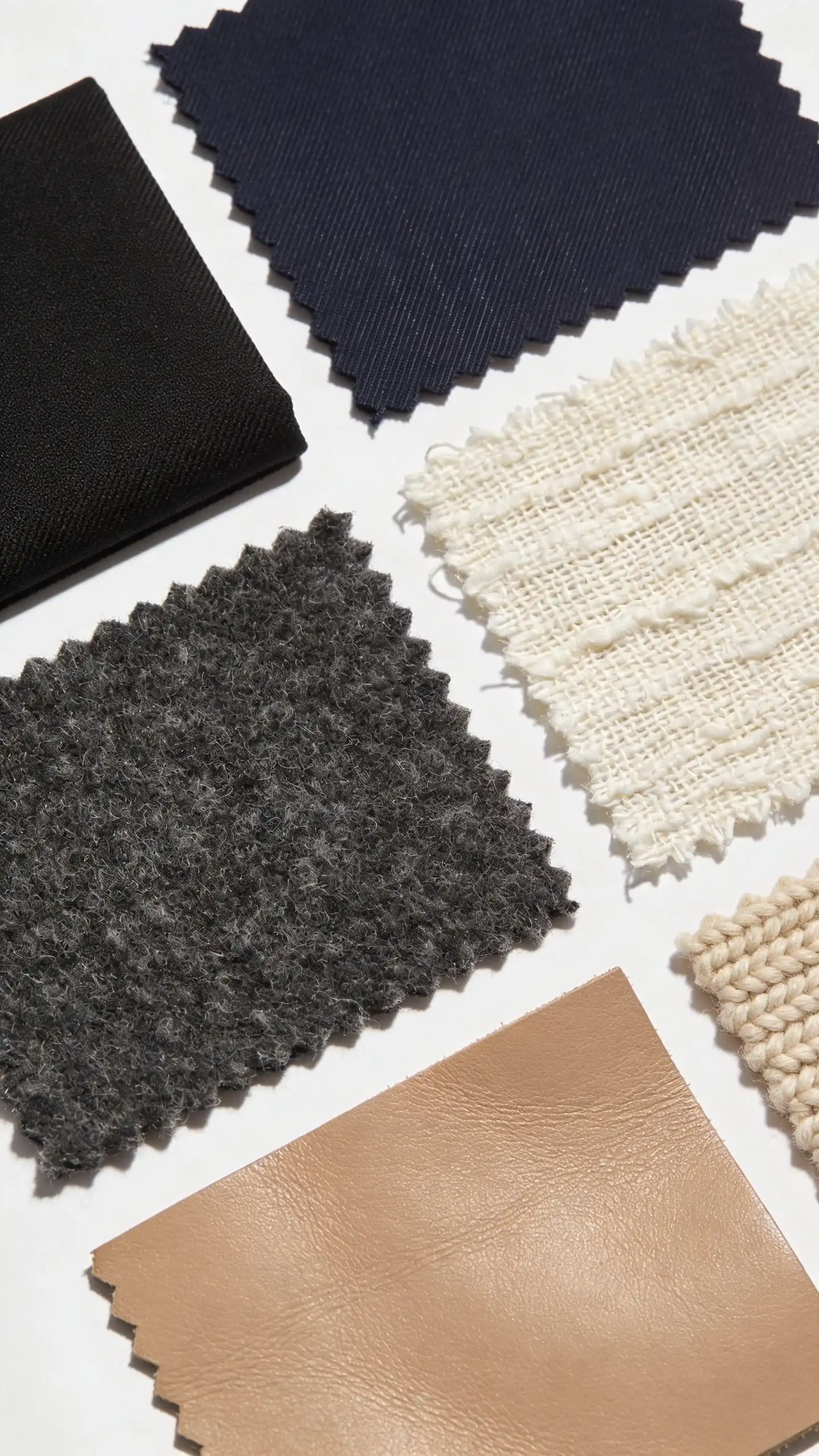 Close-up texture study: grid of neatly folded fabrics filling the frame—matte black wool suiting, smooth deep navy gabardine, brushed charcoal cashmere, slubby ivory linen, plush oatmeal knit, buttery taupe leather; shot from above with diffused light to showcase weave and sheen.