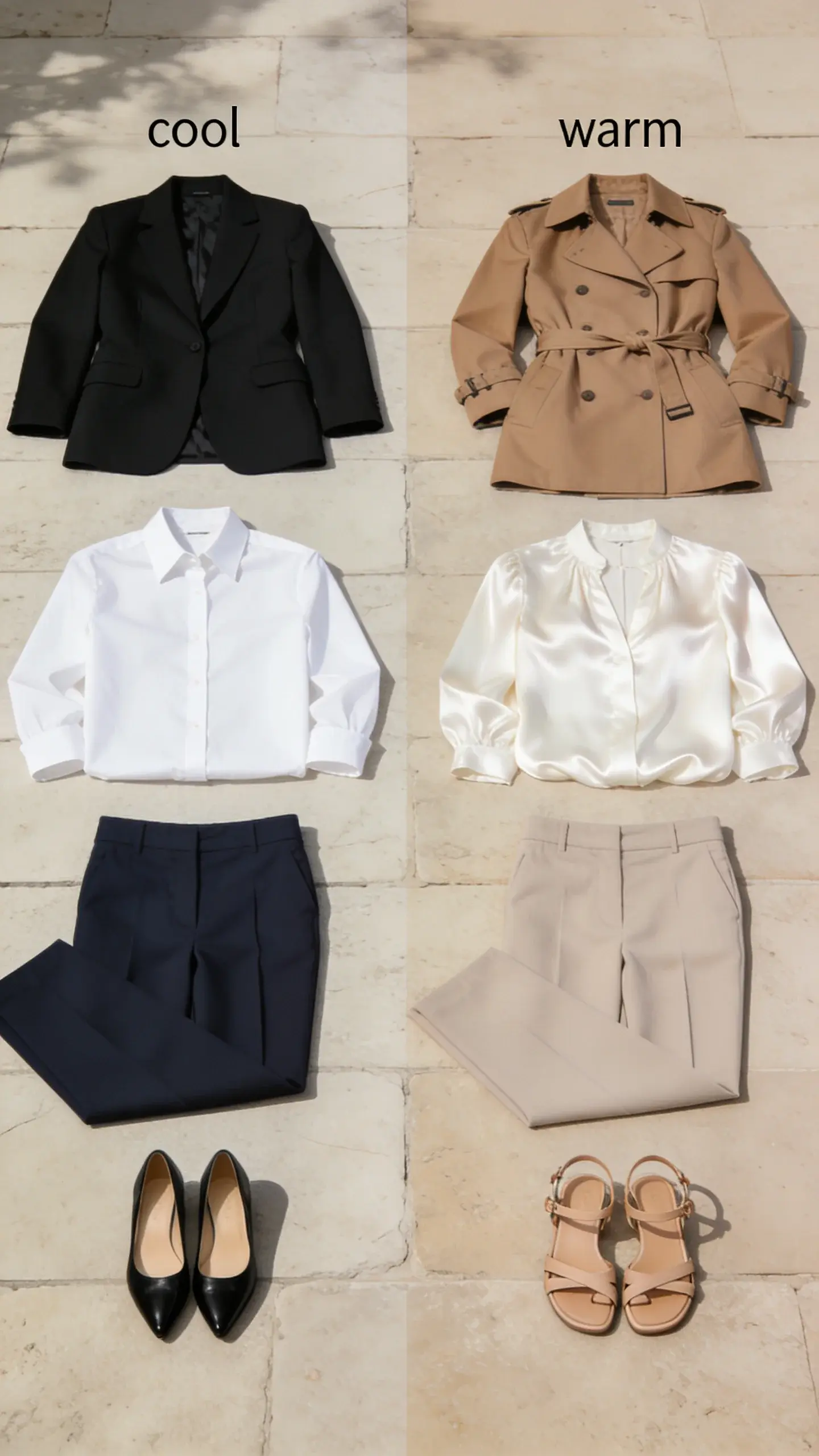 Capsule outfit builder flat lay divided into warm vs cool lanes: left (cool) includes black blazer, white crisp shirt, navy trousers, black pumps; right (warm) includes taupe trench, ivory silk blouse, oatmeal trousers, nude sandals; neutral stone background, precise spacing, no text.