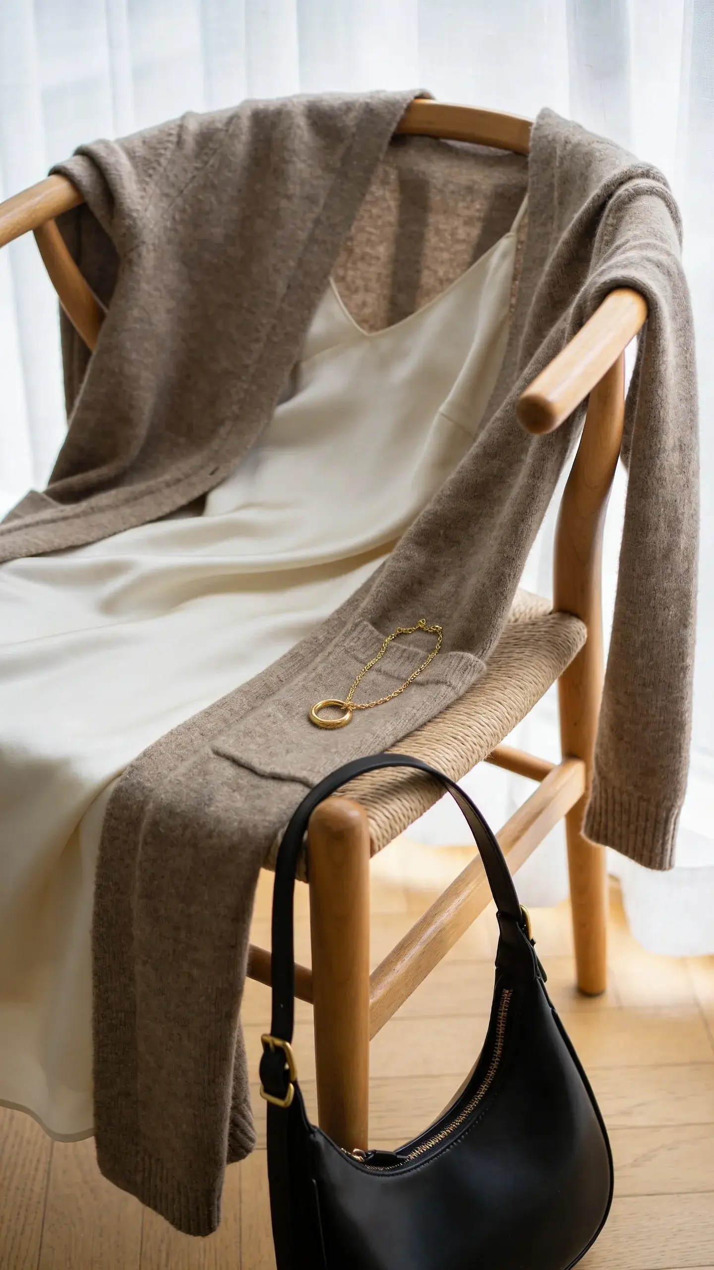 Soft morning scene: ivory slip dress layered with a taupe oversized cardigan draped on a natural wood chair, black structured tote on the floor, delicate gold necklace on the seat; sheer curtains casting gentle light, neutral palette only.