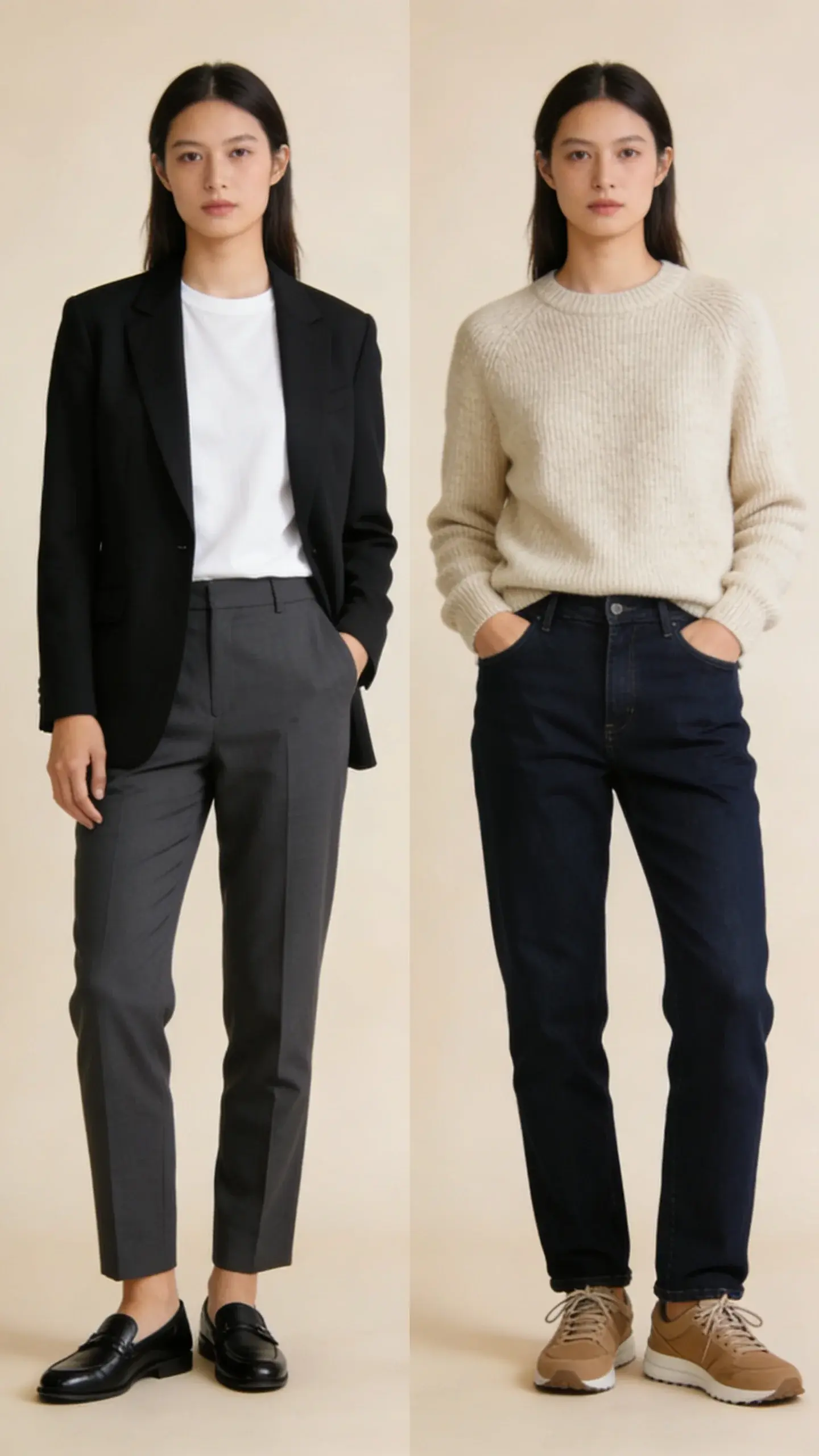 Editorial side-by-side diptych: Look A (work) a black blazer over soft white tee with charcoal tailored trousers and black loafers; Look B (weekend) oatmeal knit over deep navy straight jeans with taupe sneakers; seamless light beige backdrop, consistent posing, no text.
