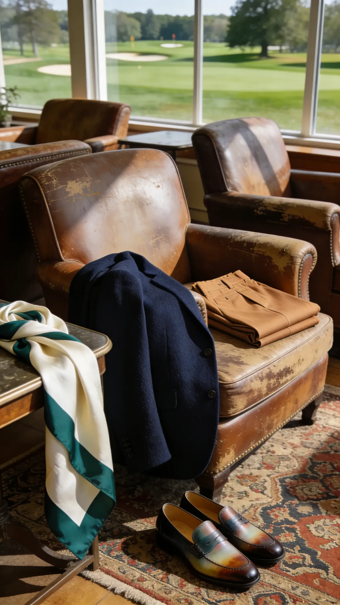Sunlit country club lounge with worn leather club chairs, a navy cashmere blazer draped over one arm, camel trousers neatly folded, a silk twill scarf in cream and forest green tossed casually on a side table, polished loafers with subtle patina on a Persian rug, no visible logos, warm muted color palette, soft natural light, quiet luxury mood, no text.
