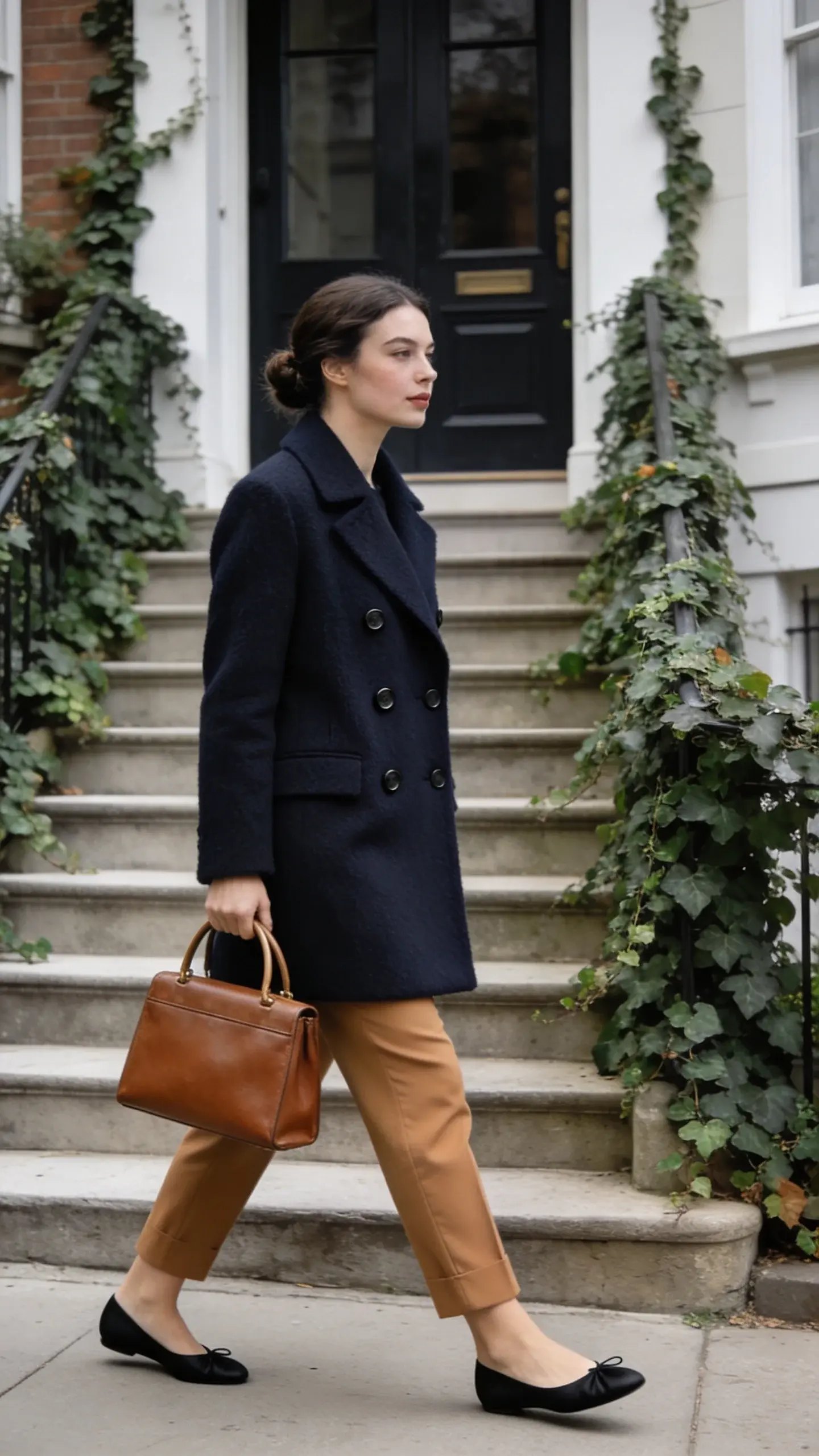Street scene of a woman in Old Money style: navy double-breasted wool coat, camel cigarette pants, understated black ballet flats, minimal makeup, hair in a simple low chignon, carrying an unbranded structured brown leather top-handle bag, walking past ivy-covered townhouse steps, overcast light, calm palette, no text.
