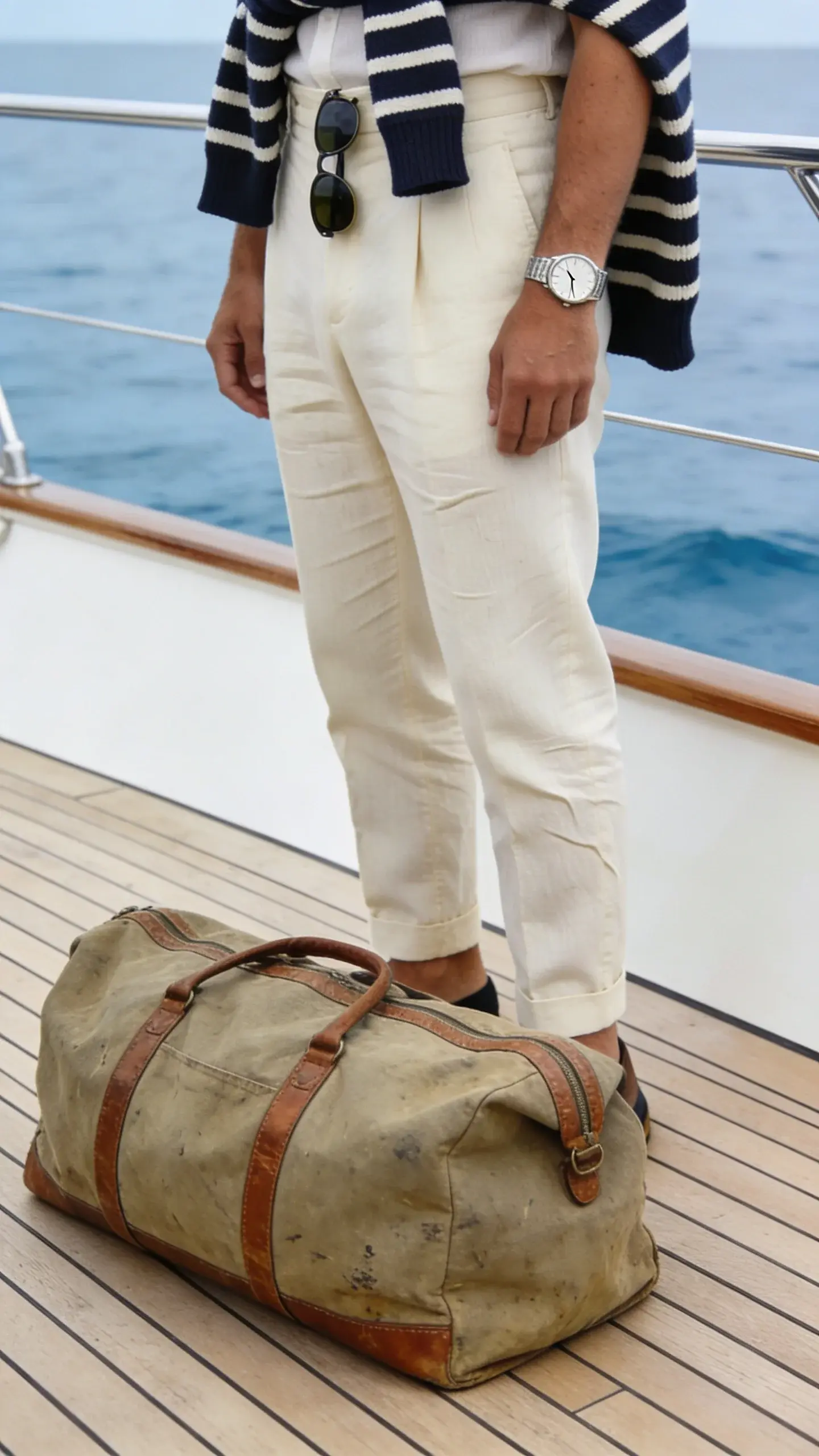 Yacht deck morning scene for Old Money vibe: cream linen trousers slightly creased, navy Breton stripe sweater over shoulders, classic sunglasses with no visible branding, a worn canvas duffel with leather trim, silver watch with a slim face, pale teak decking and soft blue sea, cool restrained tones, no text.
