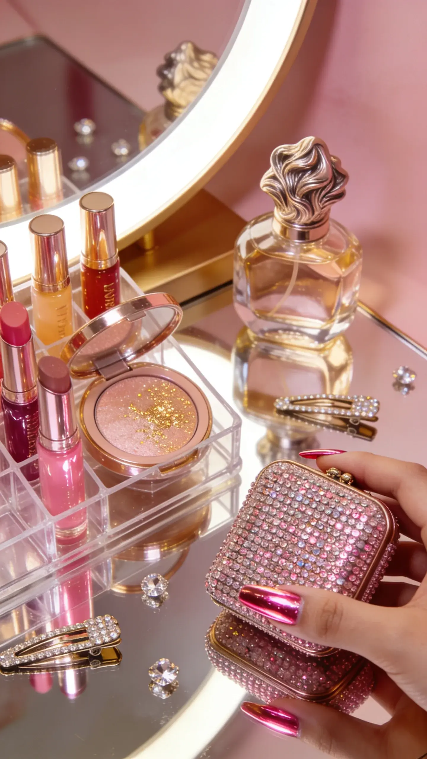 Rich Girl glam vanity close-up: acrylic makeup organizer brimming with glossy lip oils, highlighter compact shimmering, rhinestone hair clips, pink chrome nails holding a rhinestone-studded mini clutch, perfume bottle with a sculptural cap, mirrored surface, dramatic ring light glow, no text.