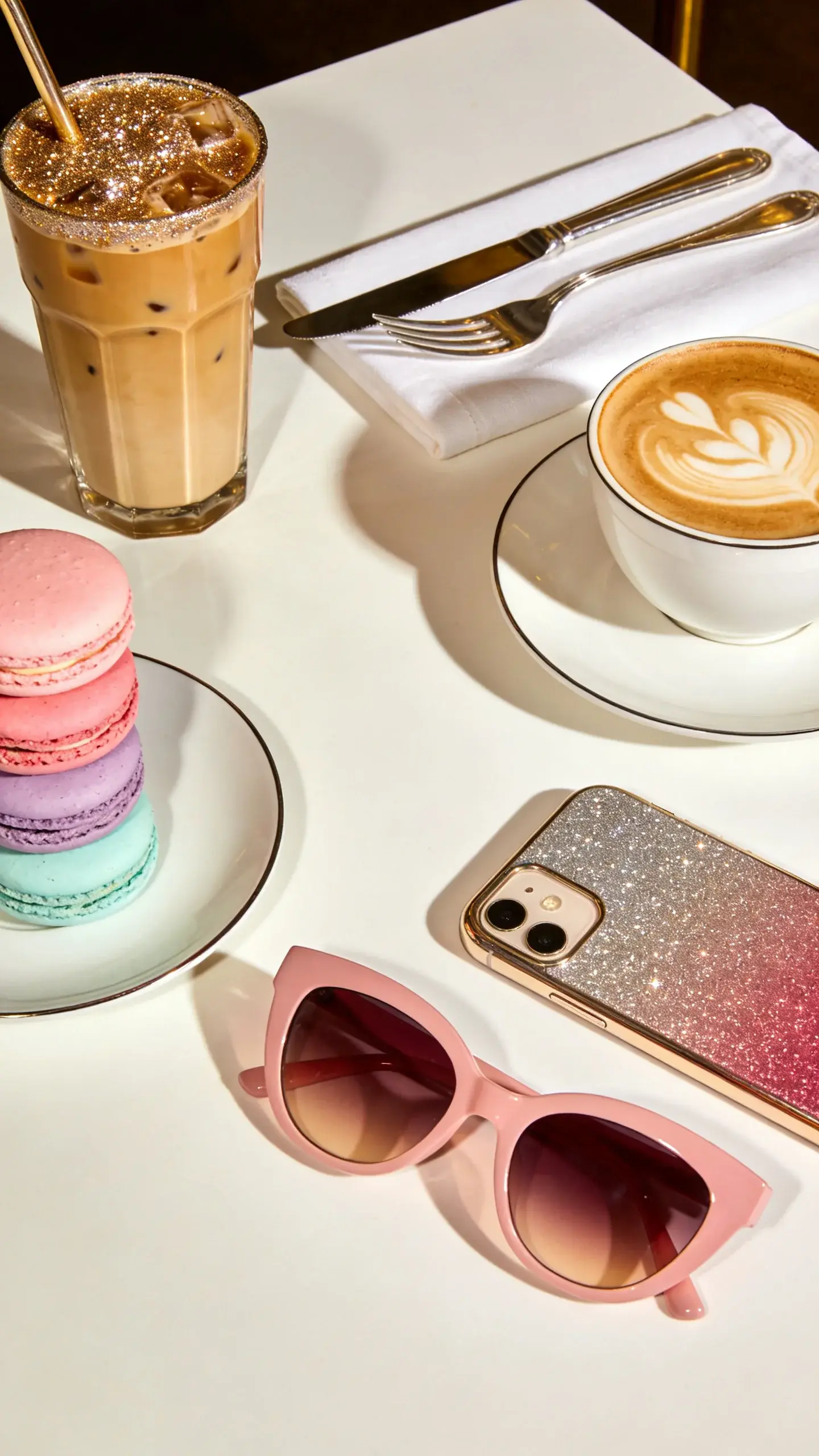 Brunch table contrast scene: Old Money place setting with white linen napkin, silver flatware, fine bone china, a simple cappuccino; opposite corner features a glitter-topped iced latte, a stack of pastel macaron towers, a sparkly phone and pink sunglasses; overhead shot, balanced composition, no text.