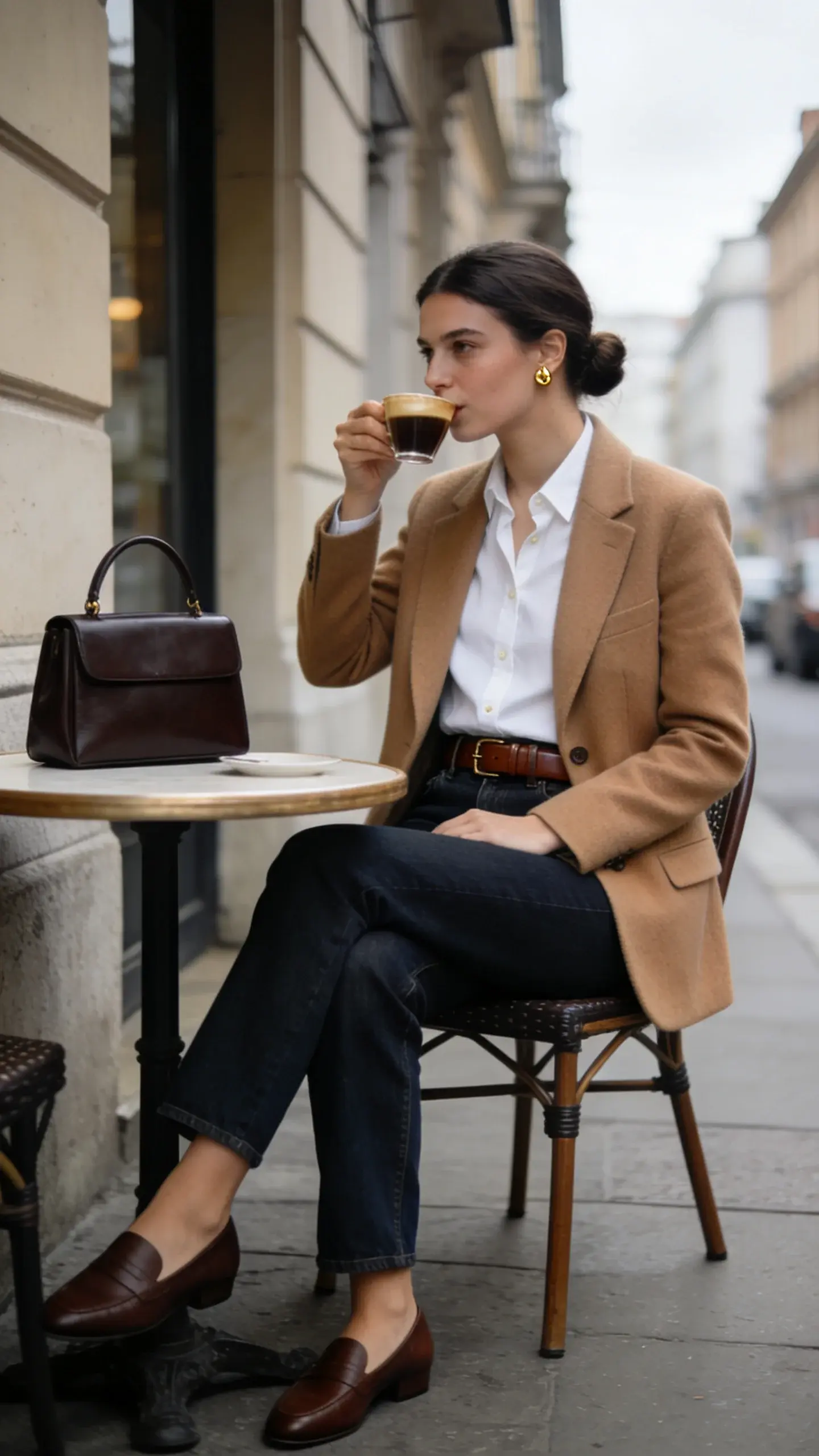 Early-morning European city street, woman in her late 20s wearing a camel single-breasted wool blazer over a crisp white button-down, high-waisted dark indigo straight-leg jeans, chocolate leather belt, low-heeled loafers, structured dark brown top-handle bag, delicate gold studs, hair in a neat low bun, sipping espresso at a small bistro table; soft overcast light, muted color palette, no visible logos.