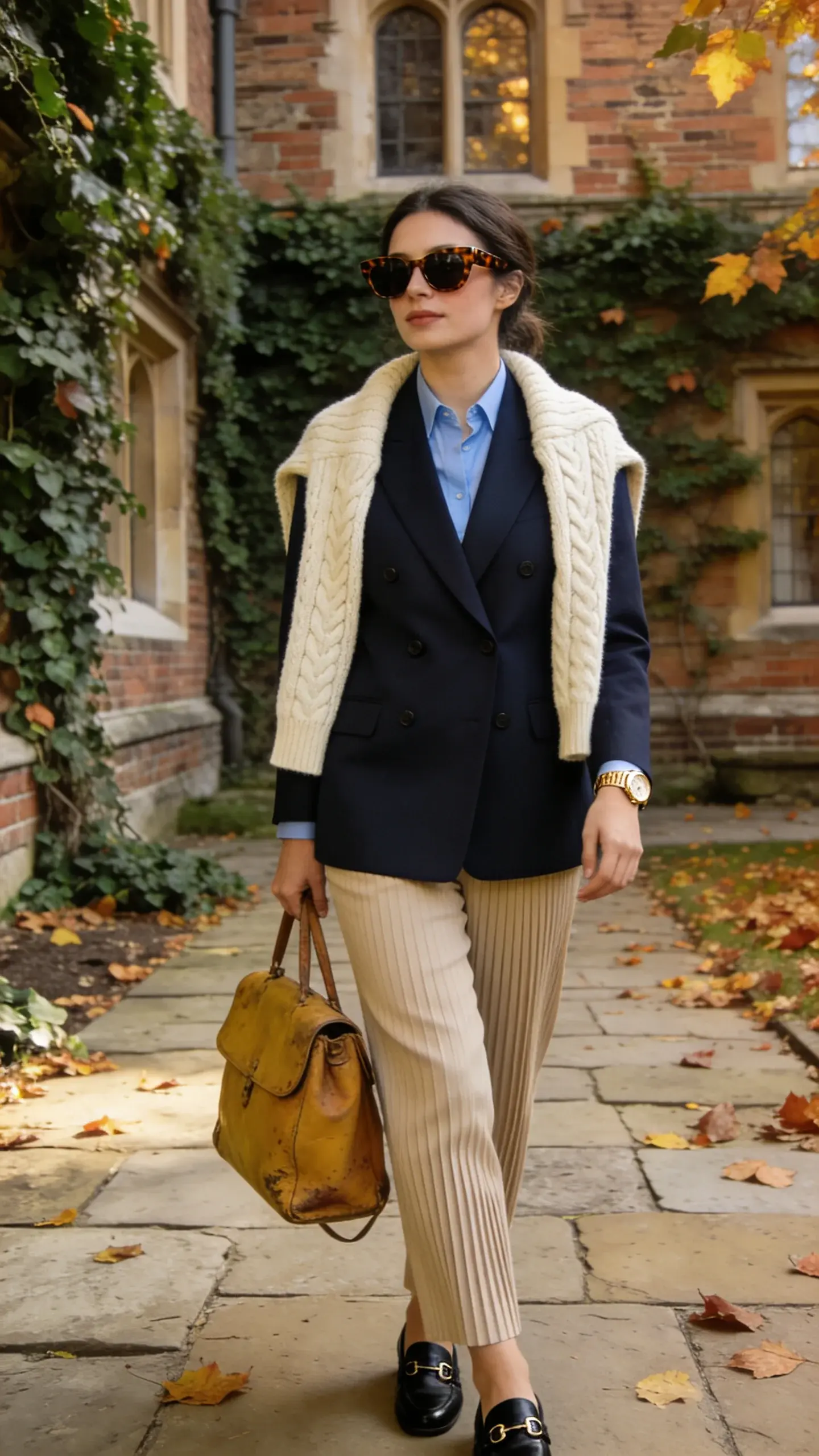 Ivy-covered university courtyard, woman in a navy double-vent single-breasted blazer layered over a light blue oxford shirt and cream cable-knit sweater casually draped over shoulders, pleated beige wool trousers, black leather loafers with minimal hardware, tortoiseshell sunglasses, slim gold watch, carrying a worn tan leather satchel; early fall leaves, timeless academic vibe.