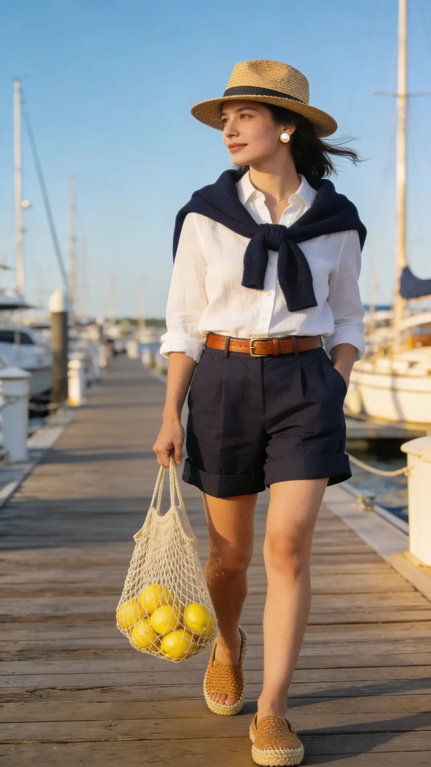 Sunny marina boardwalk, woman in a white linen button-down tucked into tailored navy shorts (mid-thigh, cuffed), thin brown leather belt, tan woven espadrilles, straw Panama hat, pearl studs, navy cashmere sweater tied across the shoulders, holding a netted market bag with lemons; gentle sea breeze, classic nautical tones.
