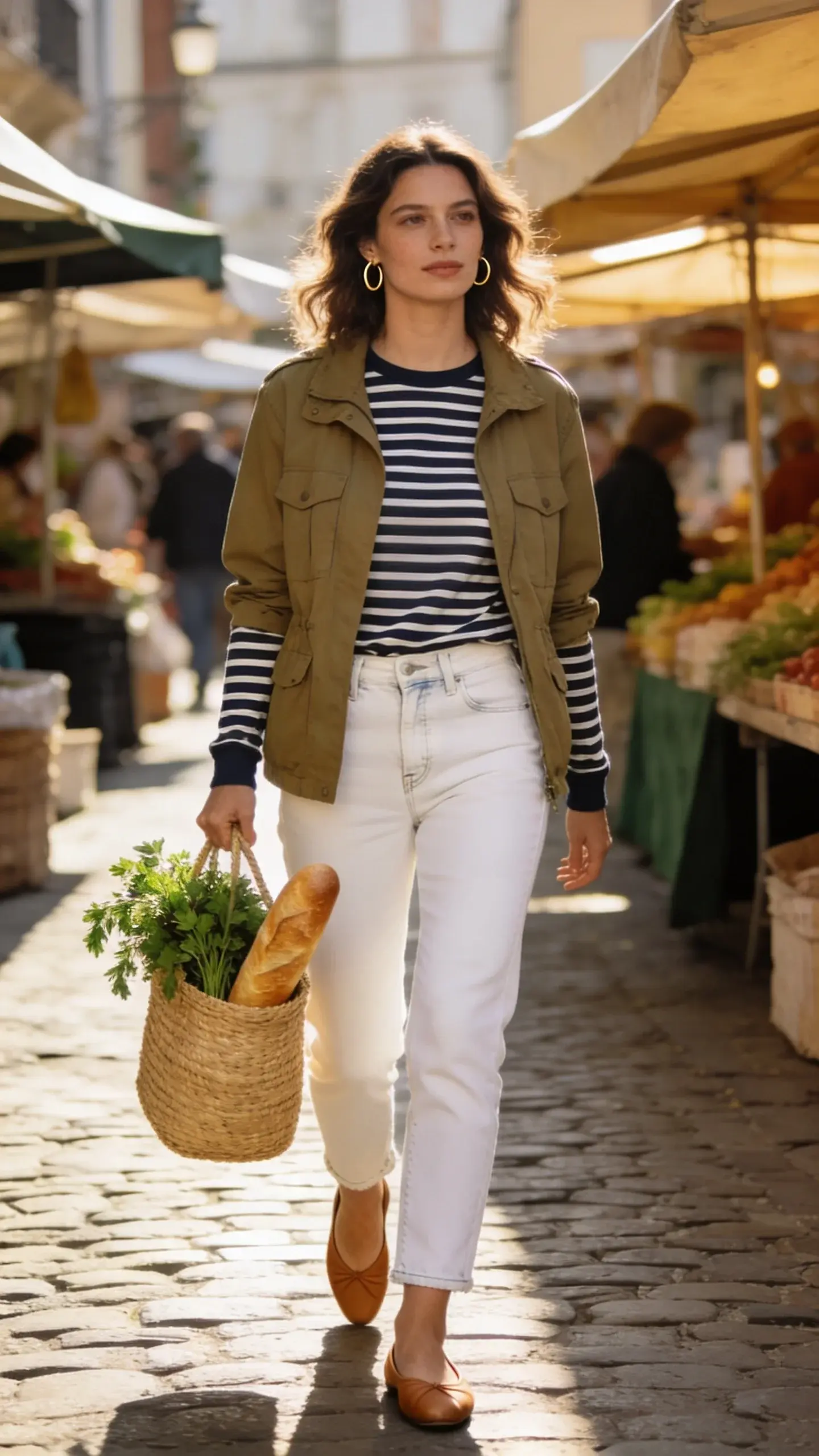 Weekend market scene, woman in a navy-and-white Breton striped long-sleeve tee under a khaki utility jacket, straight-leg white denim, tan leather ballet flats, simple gold hoop earrings, woven straw tote with fresh herbs and baguette, hair in soft waves; soft sunlight, cobblestone street, refined casual.