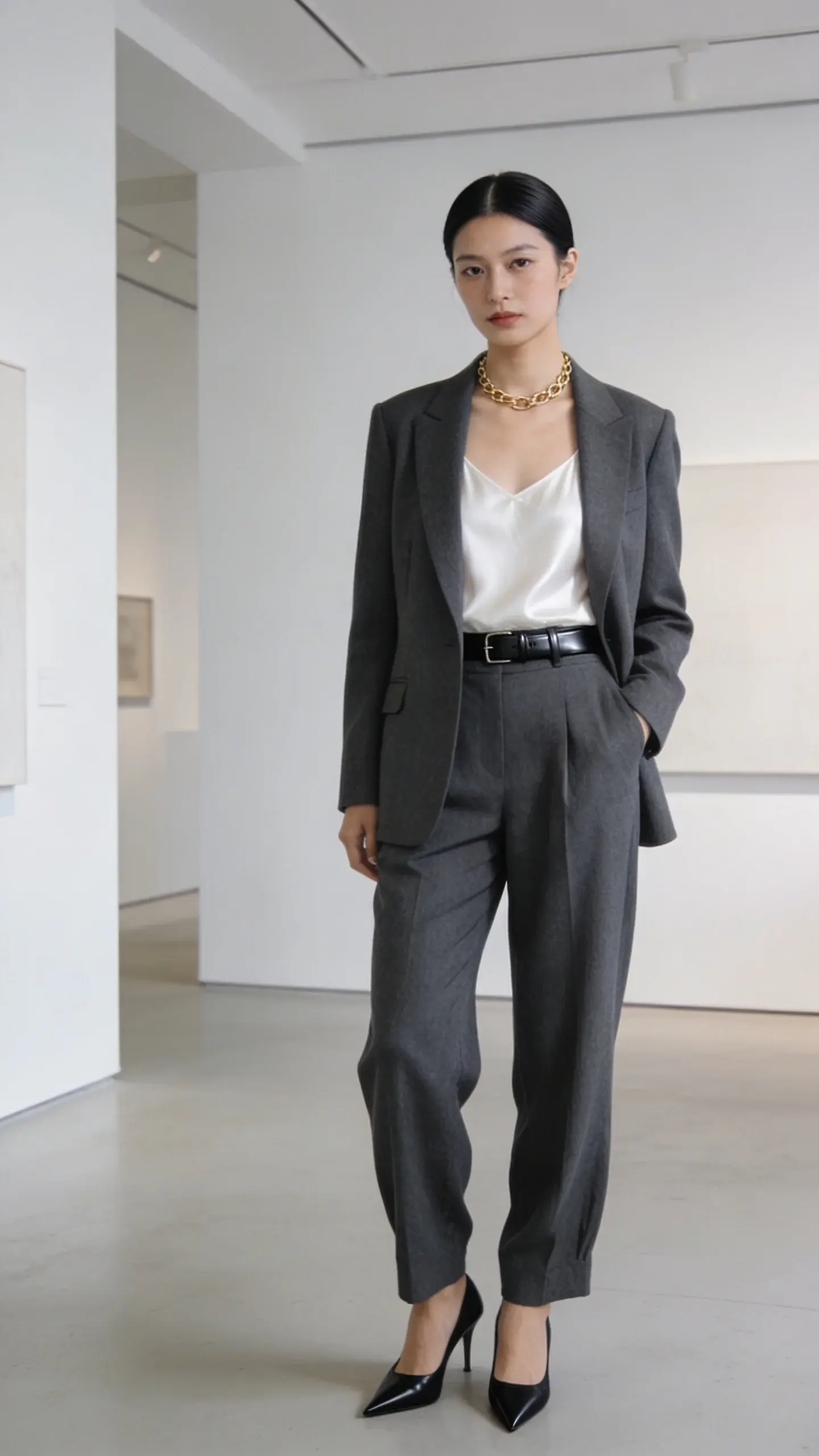 Minimalist art gallery interior, woman in a charcoal gray tailored wool pantsuit (single-breasted blazer, slightly relaxed trousers), white silk camisole, black pointed kitten heels, slim black leather belt, understated gold chain necklace, sleek middle-part hair tucked behind ears; cool neutral tones, clean lines.