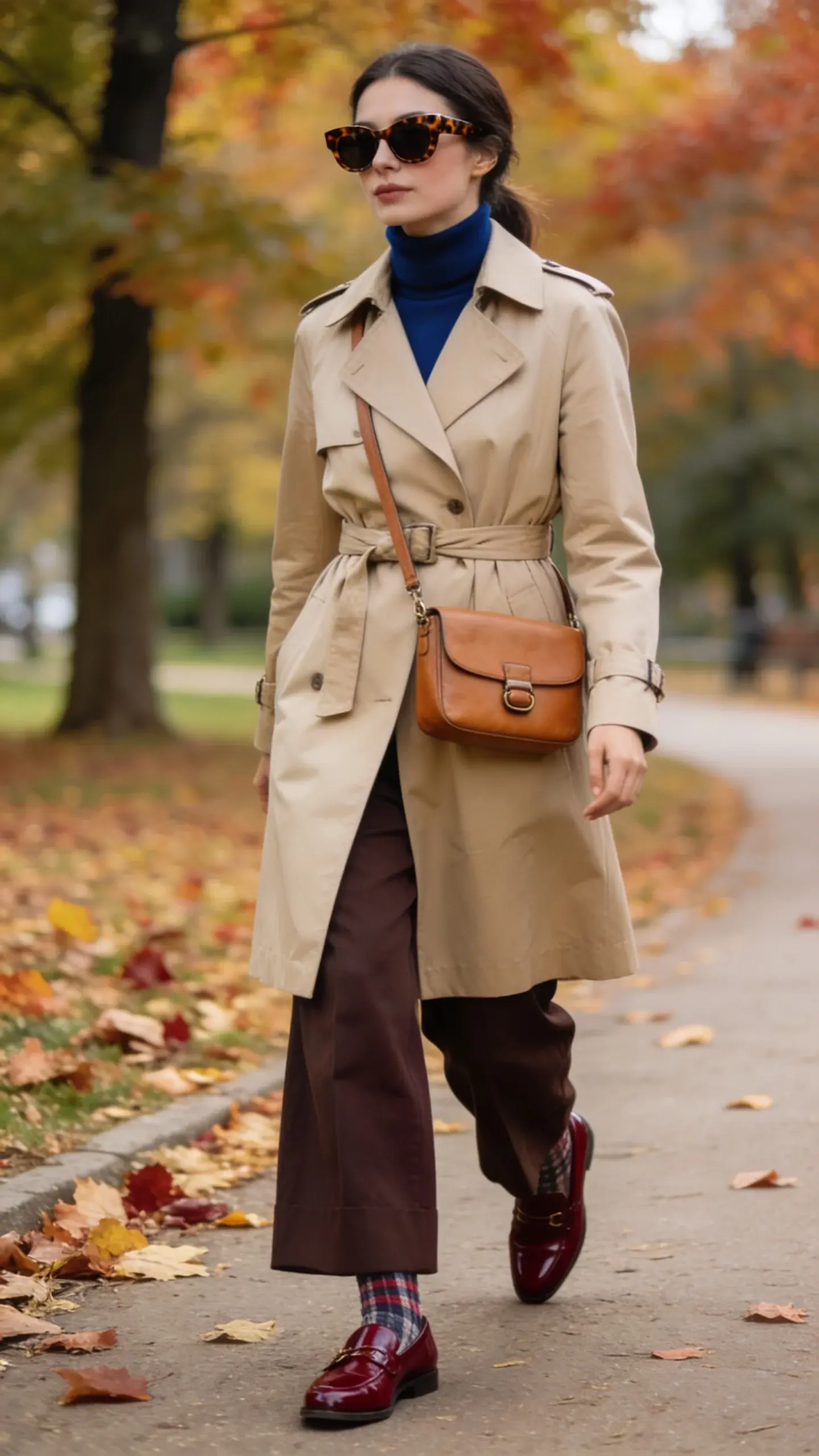 Autumn park path with turning leaves, woman in a classic beige trench coat belted at the waist over a navy turtleneck, dark brown wide-leg trousers grazing the tops of polished oxblood loafers, tortoiseshell sunglasses, tan leather crossbody with subtle hardware, argyle socks peeking slightly; soft diffused light, timeless palette.