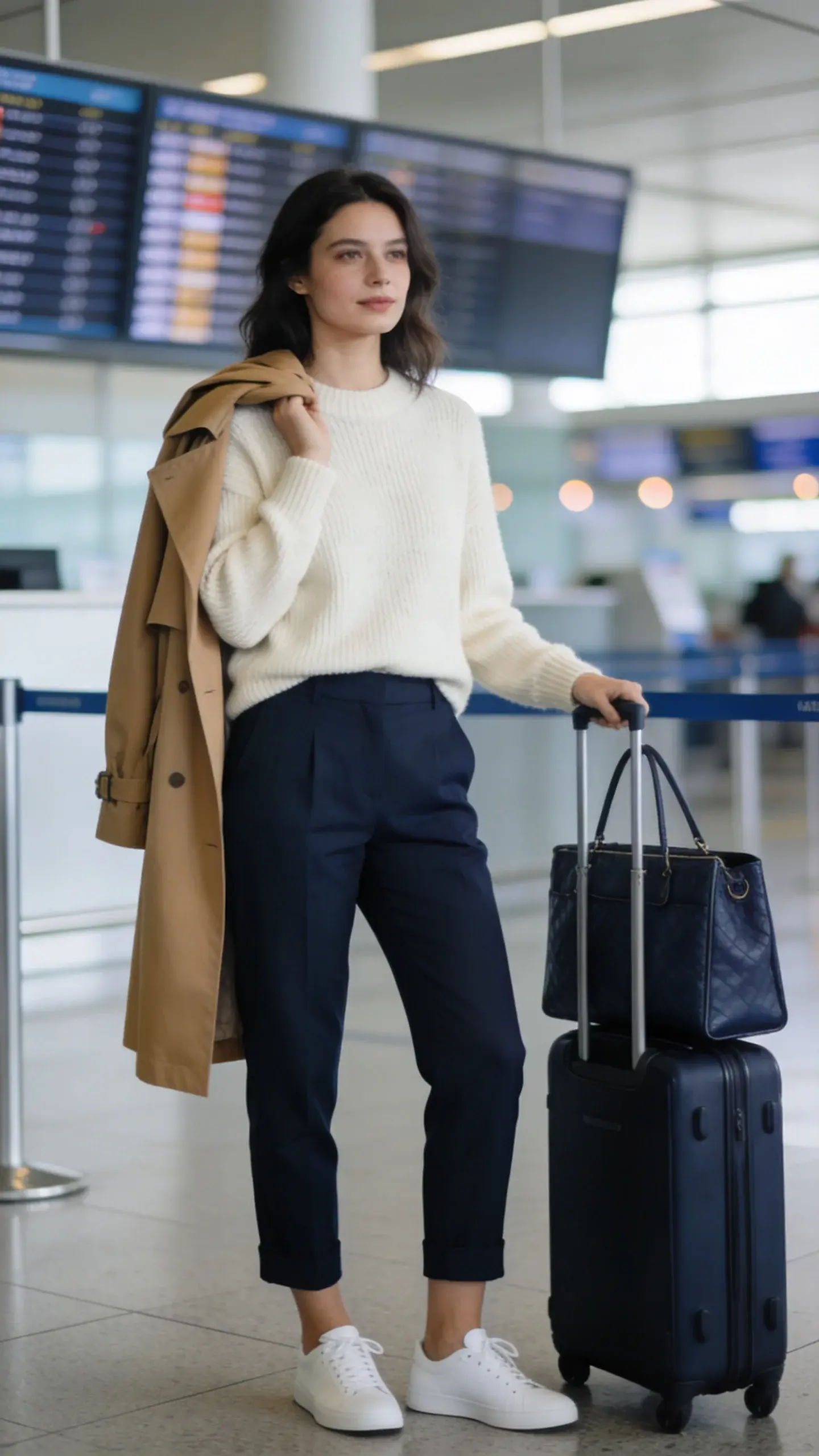A chic woman at an airport check-in area with only a compact carry-on and a structured tote; she wears a monochrome outfit in navy and cream: navy ankle trousers, cream cashmere sweater, camel trench draped over shoulders, white sneakers; clean, minimal terminal background with soft bokeh departure boards; no text.