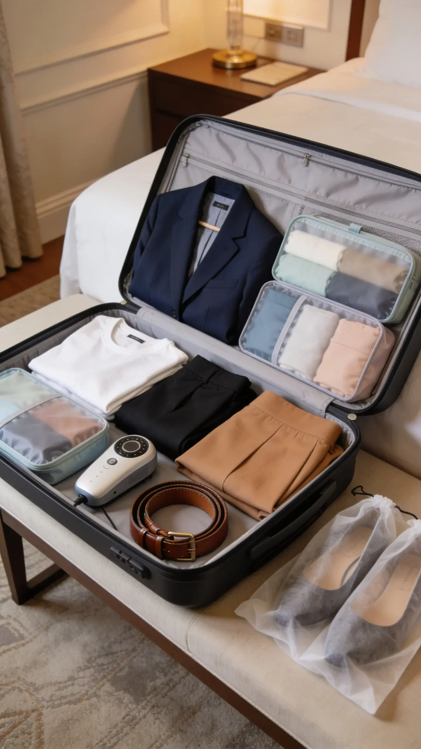 A hotel room scene with an open carry-on on a bench: clothing packed with KonMari folds and packing cubes labeled by color family; visible items include a navy blazer, ivory tee, black trousers, camel skirt, and a compact travel steamer; leather belt coiled neatly, shoes in dust bags; neutral, elegant decor; no text.