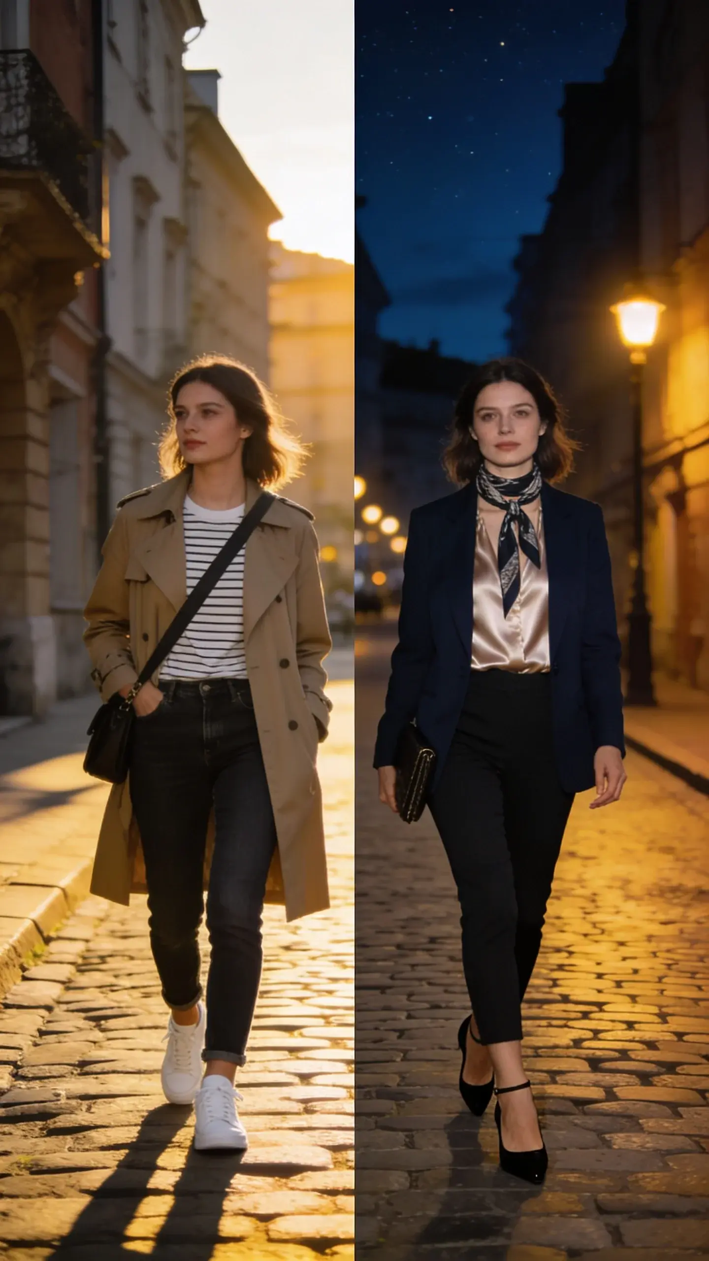 A city-street day-to-night transformation split scene: left shows a woman in white sneakers, dark jeans, striped tee, and trench coat with crossbody; right shows same pieces swapped to black slingbacks, silk blouse under a navy blazer, scarf tied at neck, clutch bag; warm golden-hour light, European cobblestone backdrop; no text.