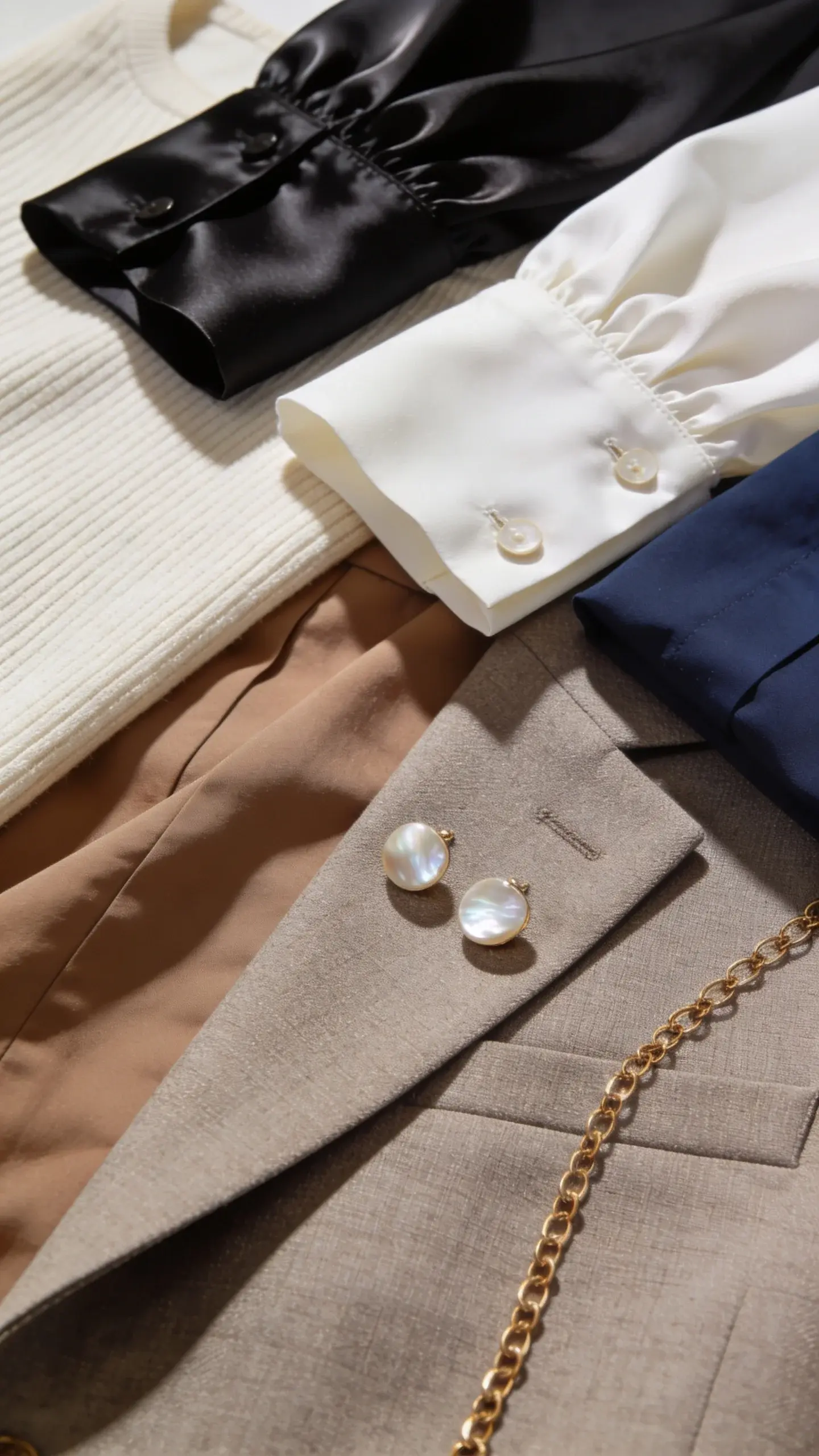 Close-up flat lay of “elevated basics” textures: smooth silk blouse cuff, fine merino knit, crisp cotton poplin, lightweight wool suiting, plus a delicate gold chain and mother-of-pearl studs; neutral palette (black, ivory, taupe, navy); soft shadowing to emphasize fabric quality; no text.