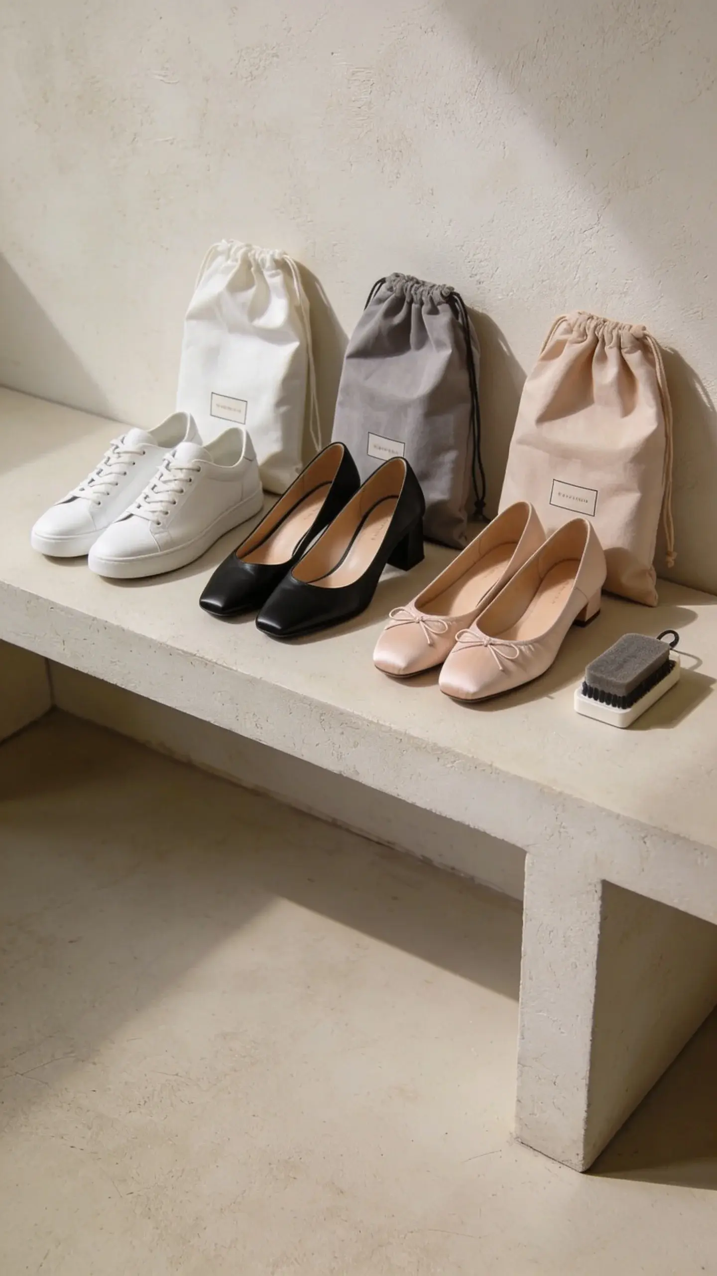 A compact shoe edit on a minimal bench: three pairs only—white leather sneakers, black low-heel slingbacks, nude ballet flats—each with shoe bags behind them and a small shoe care kit; pale plaster wall background, soft daylight; no text.