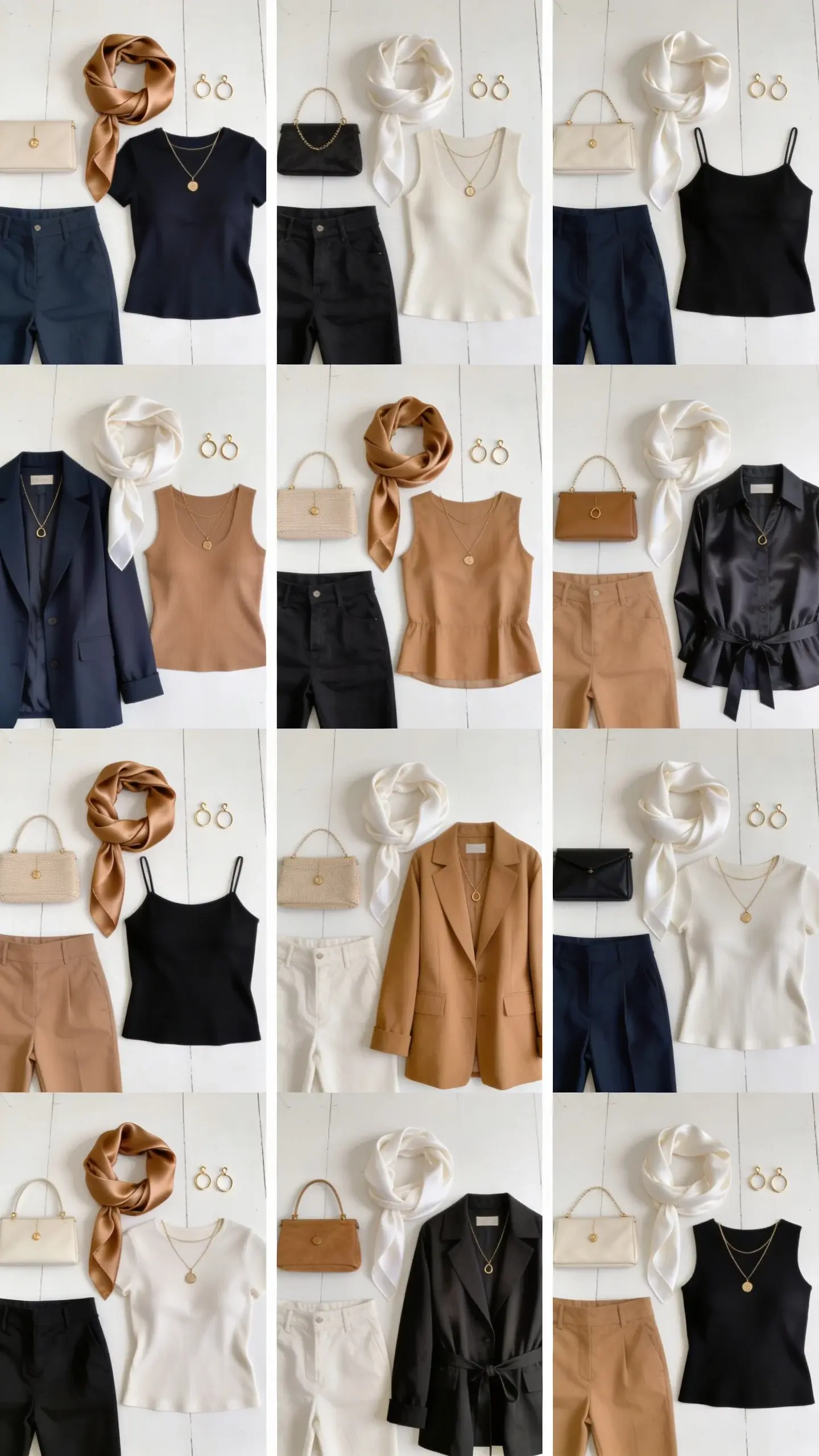 A capsule wardrobe outfit grid on a clean floor: 12 mix-and-match combinations arranged in squares, each square showing top, bottom, outer layer, and accessory; consistent palette (navy, black, camel, ivory), recurring silk scarf and gold jewelry; photographed from above with even lighting; no text.