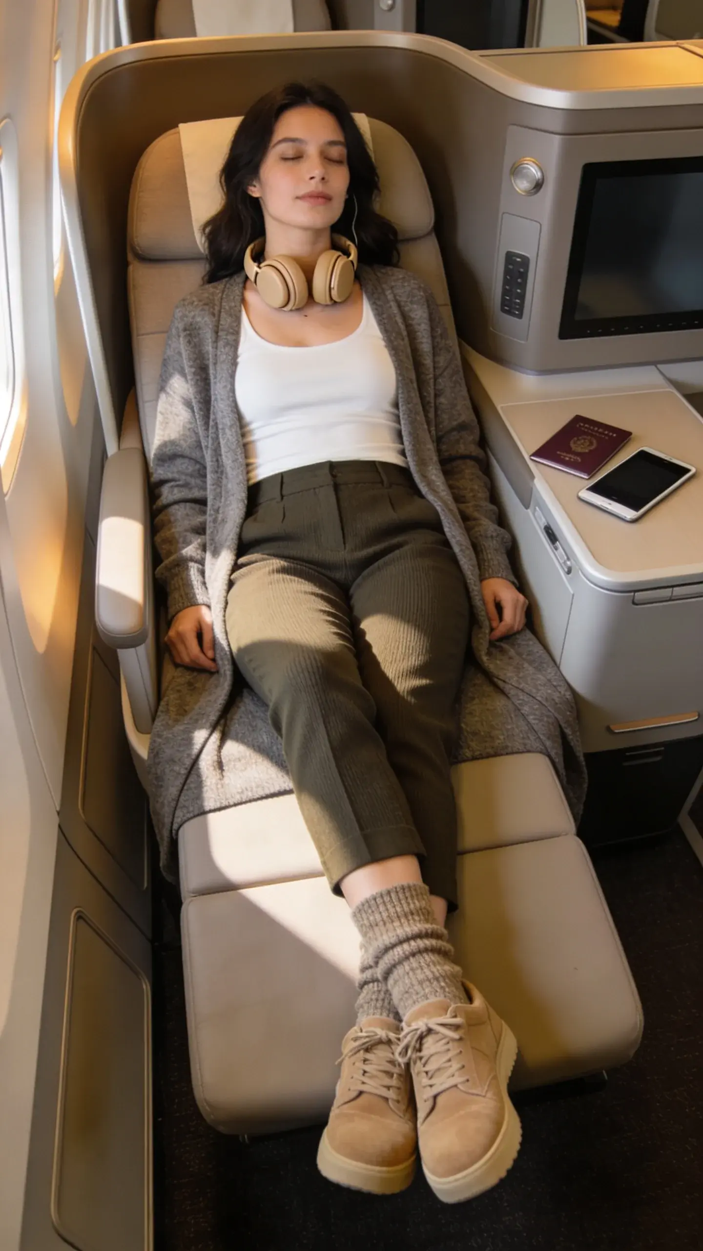 Lounge setting: a woman reclines on a modern chaise in an airline lounge wearing dark olive tailored knit pants, a fitted white tank under a heather-gray longline cardigan; cozy wool socks peeking from almond suede sneakers; noise-canceling over-ear headphones in matte beige around her neck; a minimalist passport holder and e-reader on the side table; warm ambient lighting, neutral palette, no text.