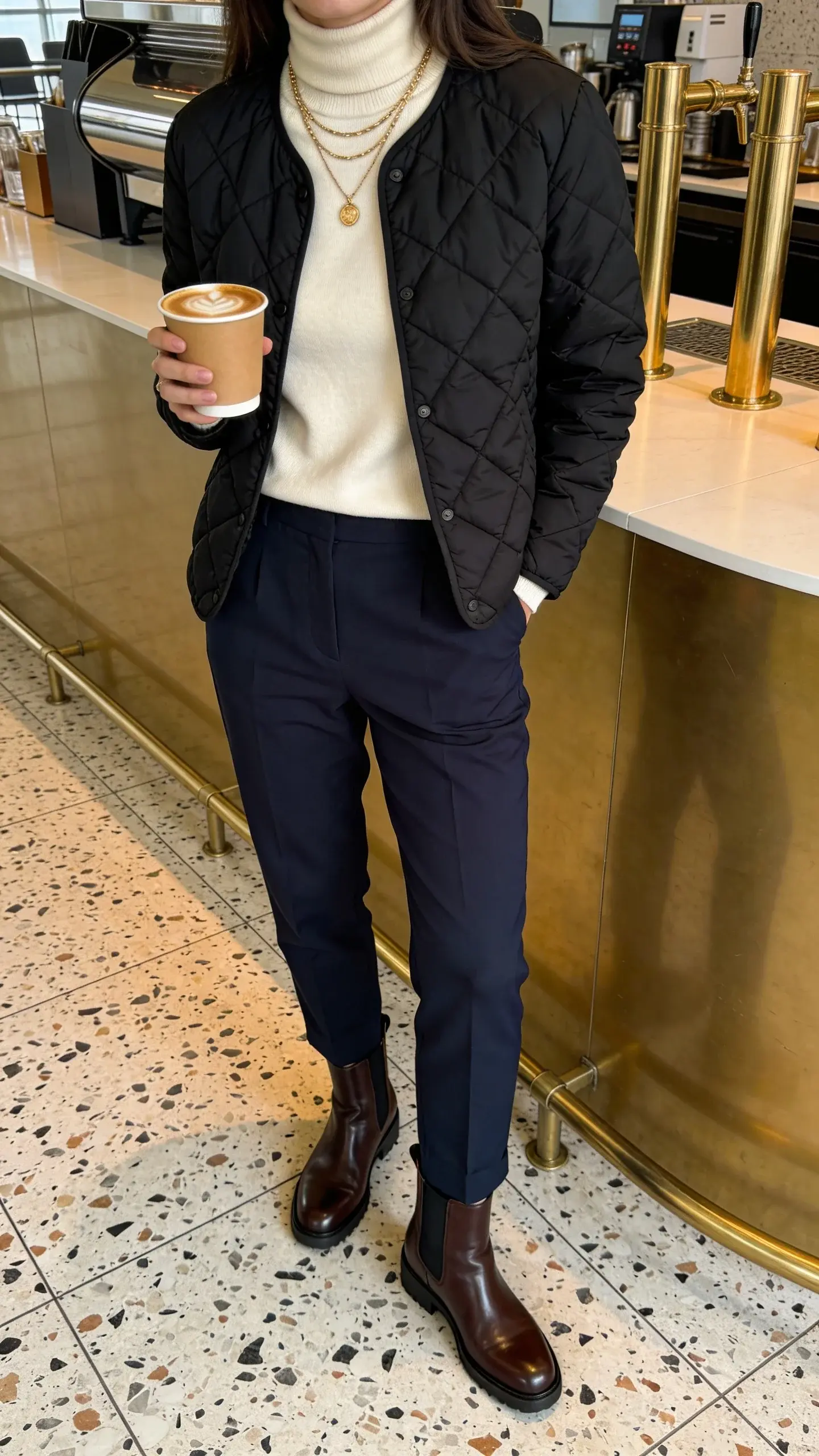 Airport café counter: a woman in midnight-blue soft trousers, a cream merino turtleneck, and a lightweight black quilted liner jacket; she wears delicate layered gold necklaces and carries a cappuccino; polished leather Chelsea boots in deep brown; background of terrazzo floor and brass fixtures, editorial street-style angle, no text.