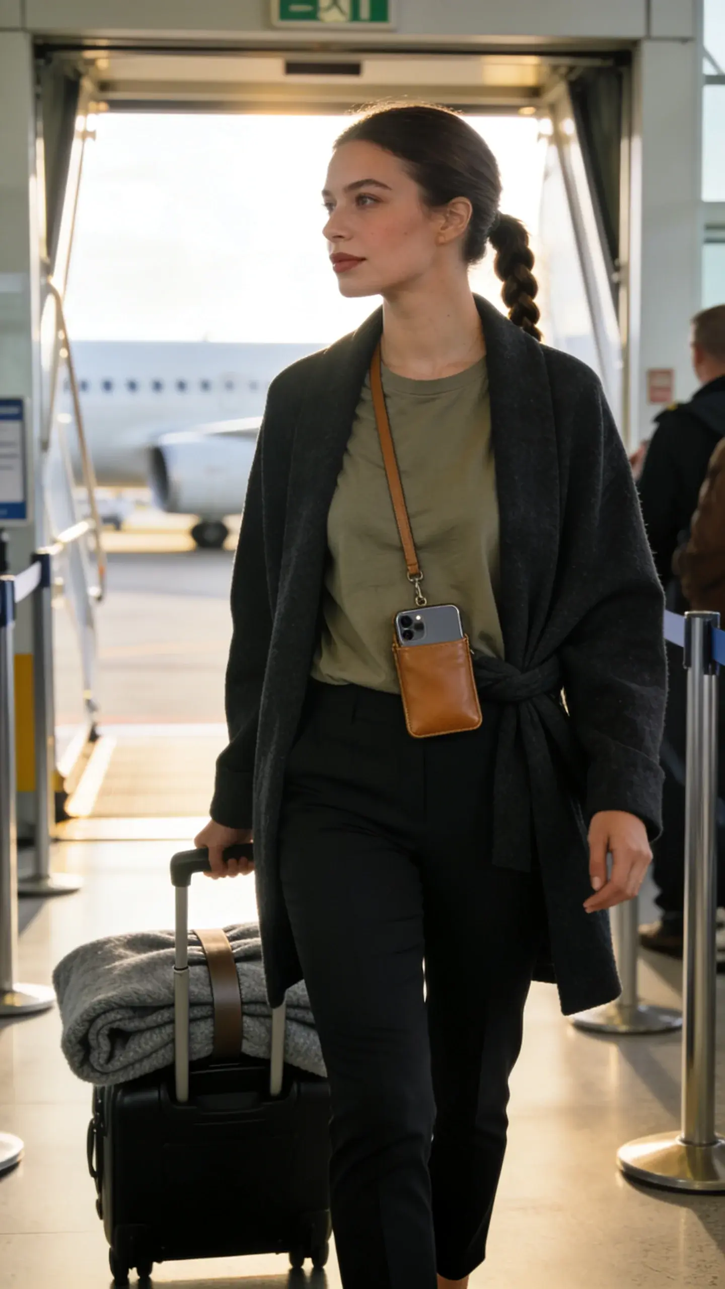 Boarding queue scene: a woman in black ponte straight-leg pants, a muted sage relaxed tee, and a charcoal wrap coat; crossbody phone pouch in tan leather, wheeled carry-on with a neatly strapped cashmere throw in gray; subtle makeup, tidy braided ponytail; soft backlight from the jetway entrance, documentary fashion style, no text.
